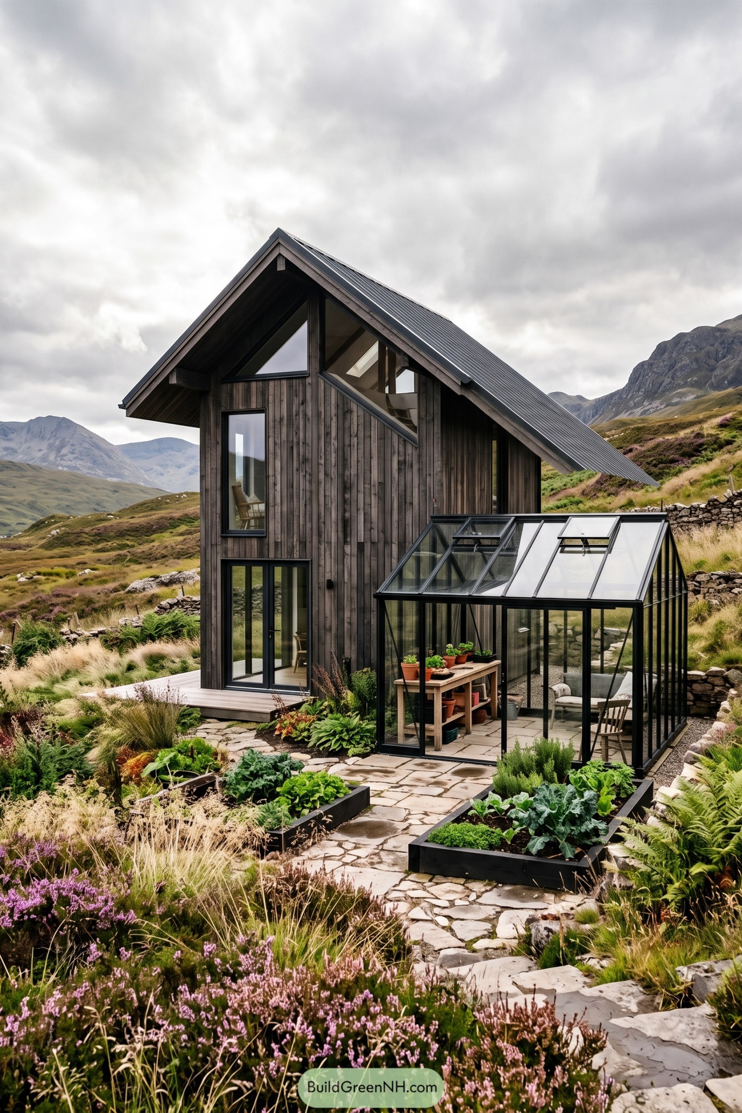 Dark timber cottage with a black-framed greenhouse amid mountain heather