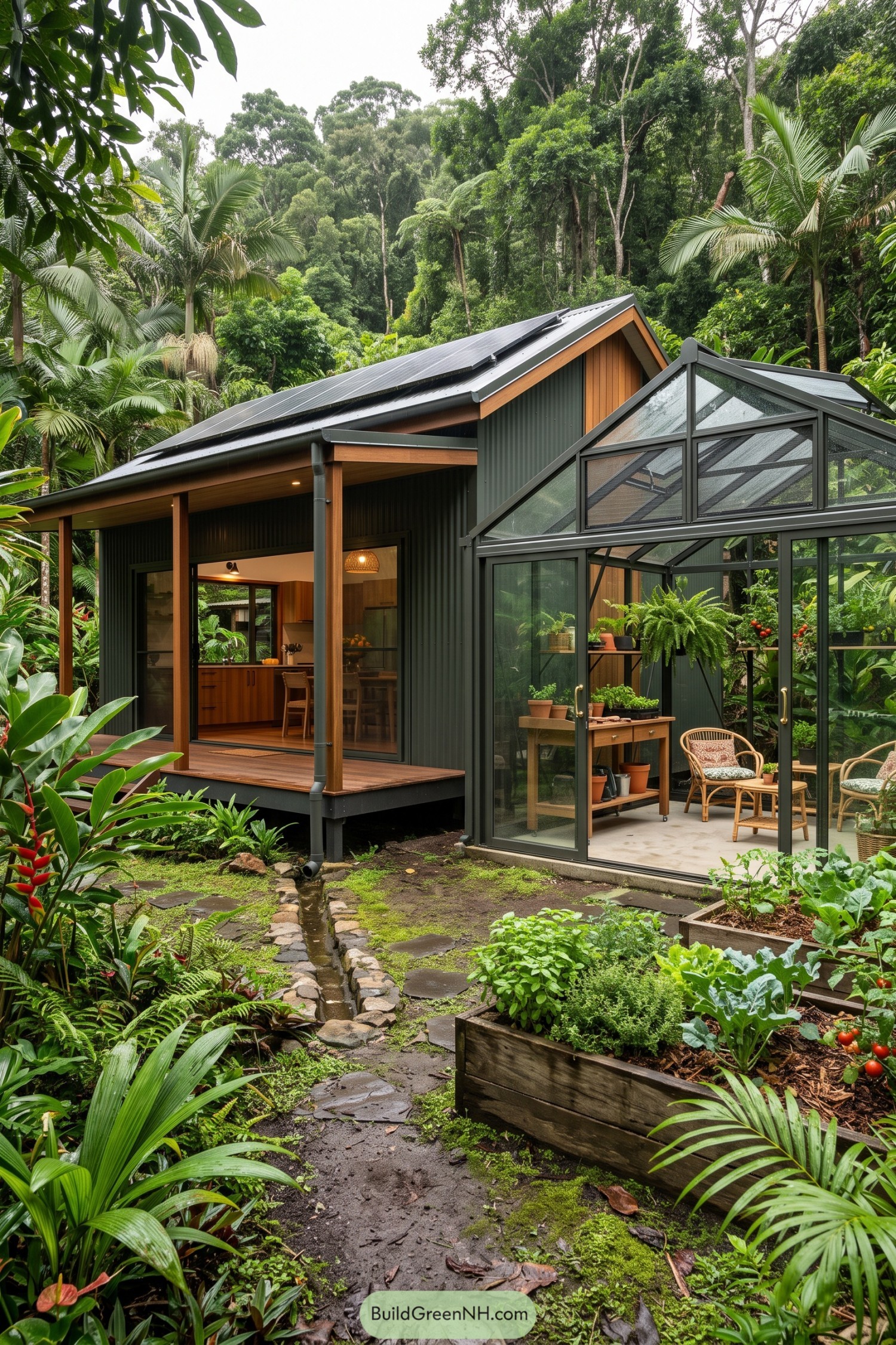 Dark green cottage with glass garden room in tropical foliage