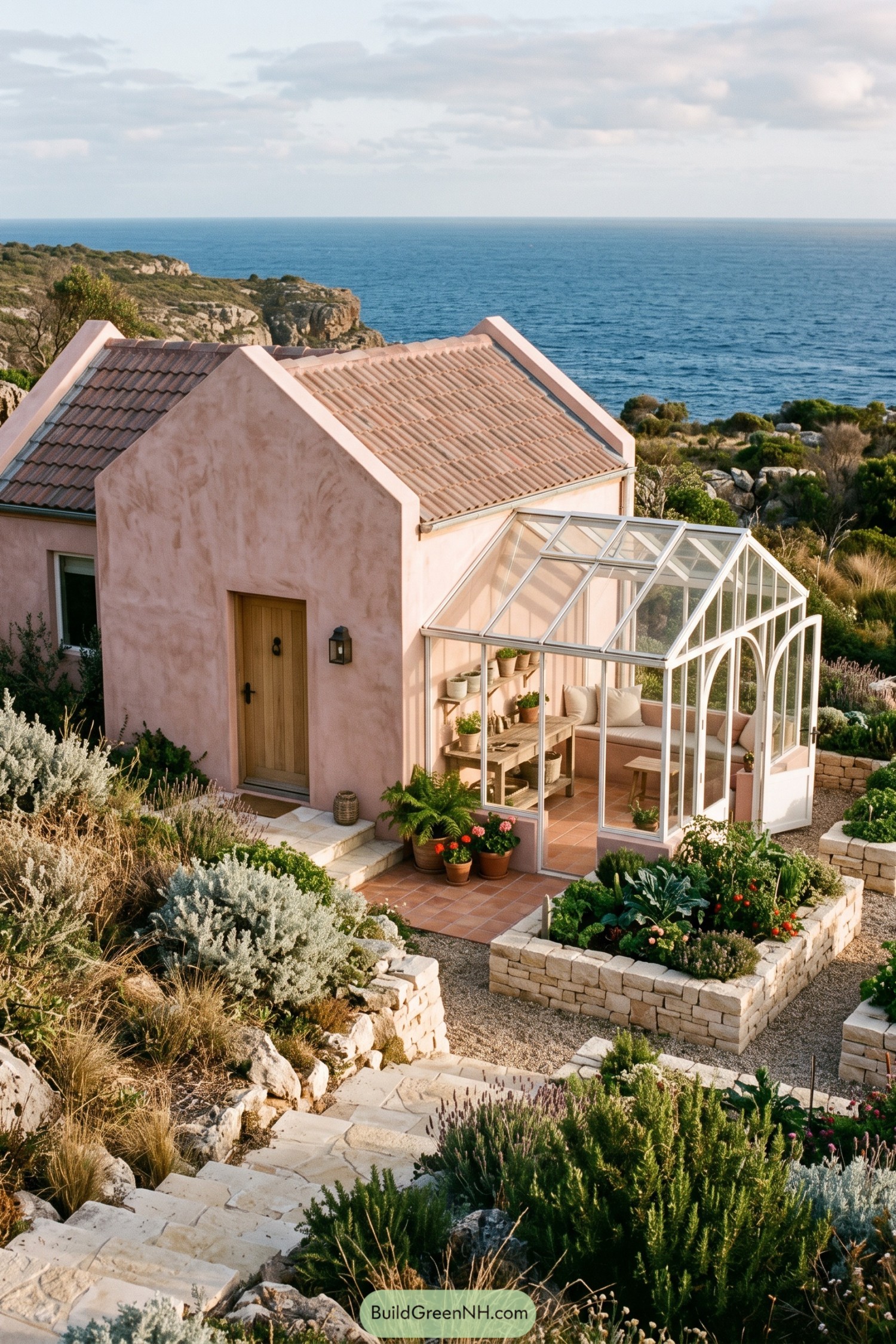 Pink coastal cottage with a glazed garden room overlooking the sea