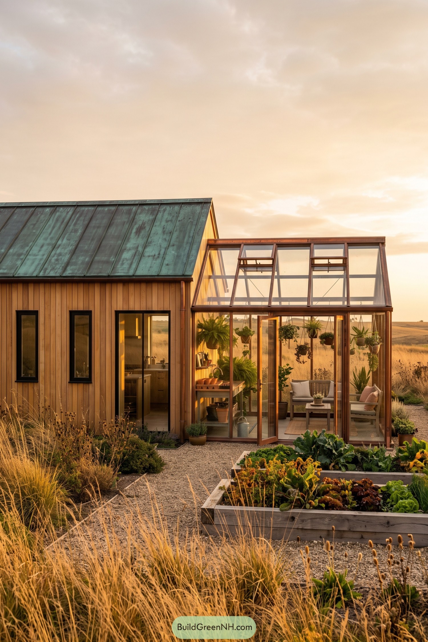 Timber cottage with a glazed plantroom beside raised vegetable beds