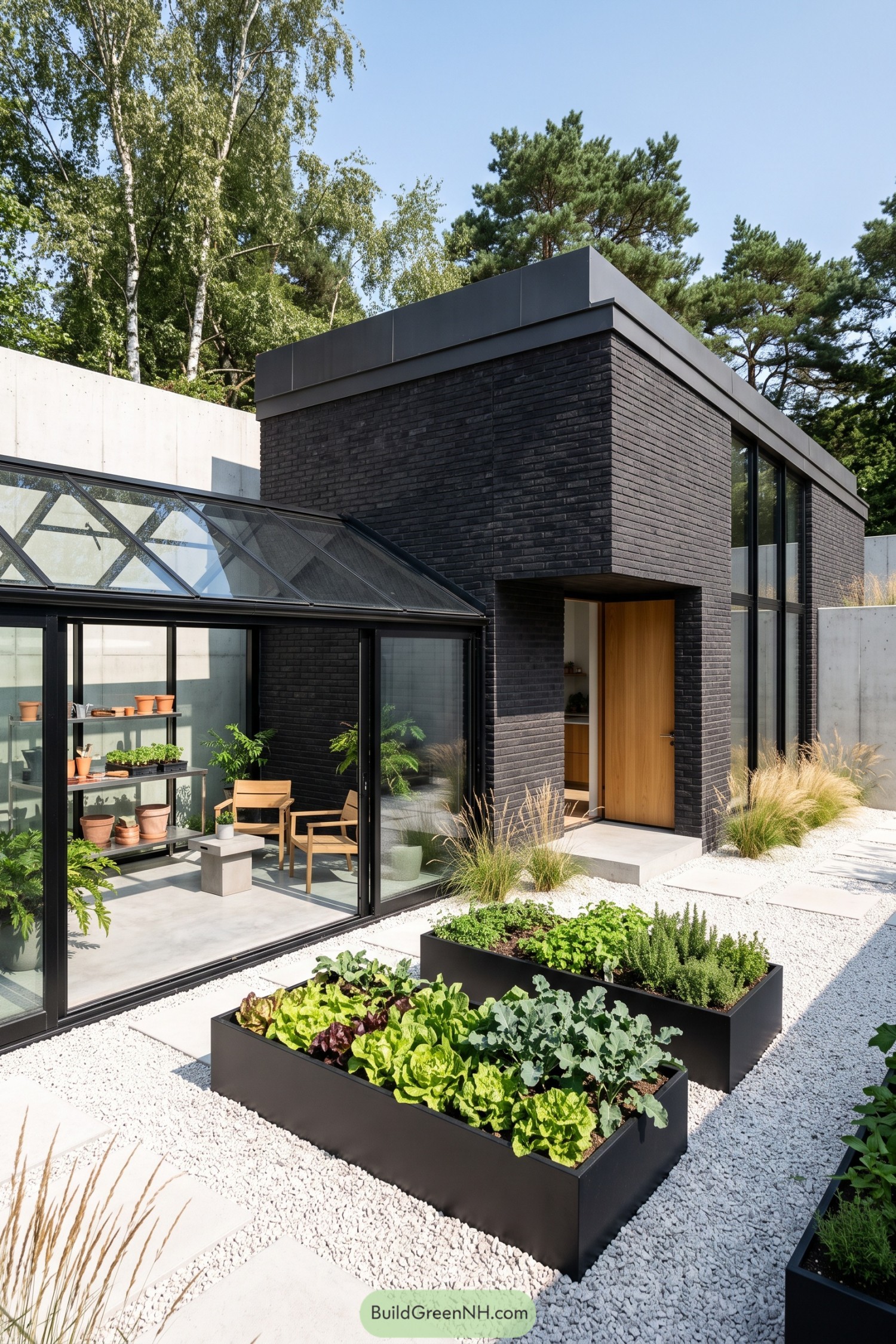 Black brick cottage with angular glass greenhouse and raised vegetable beds