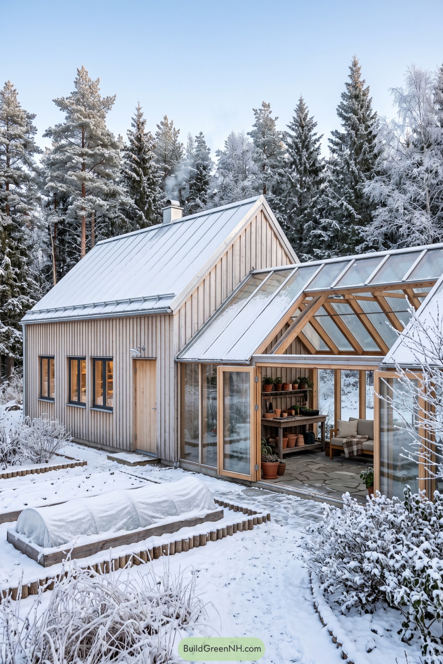Timber cottage with a snow-covered glass greenhouse in a pine forest