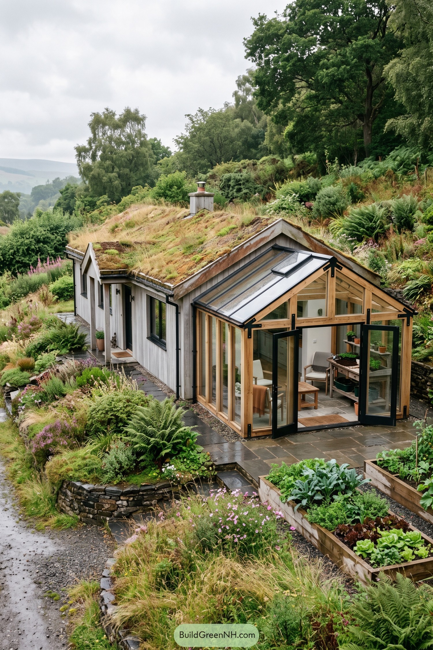 Green roof cottage with timber glazed garden studio