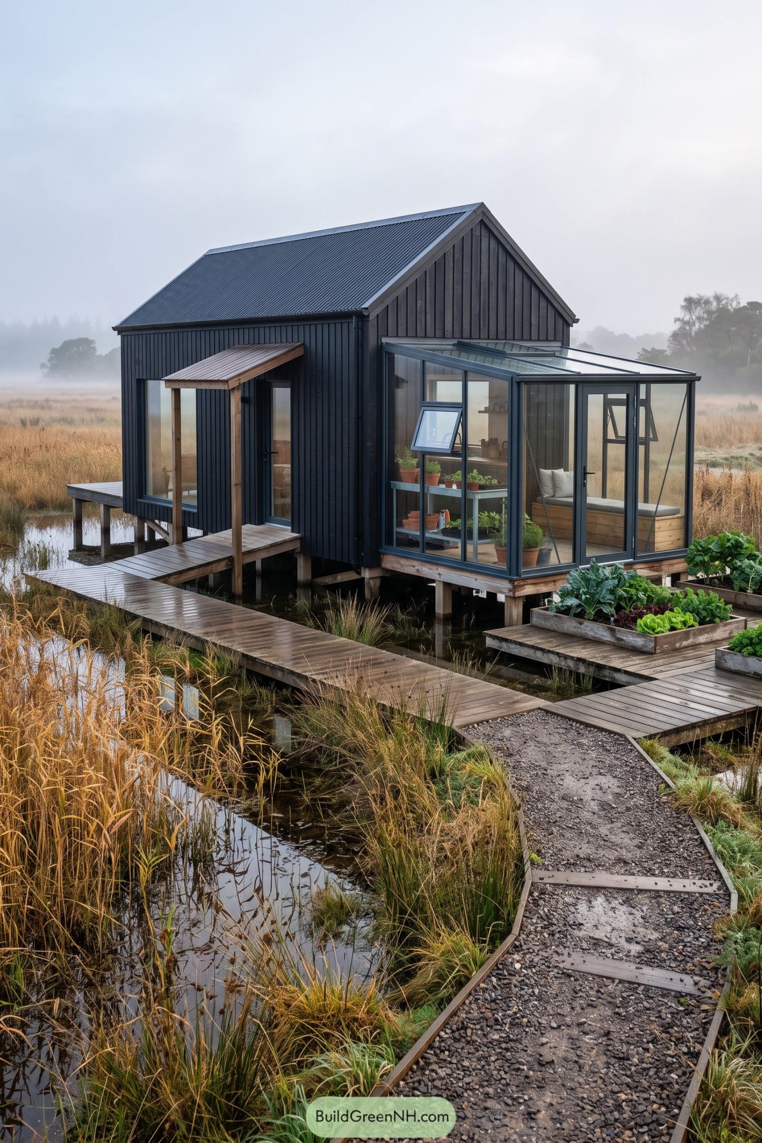 Black timber cottage with a glazed greenhouse beside wetland gardens