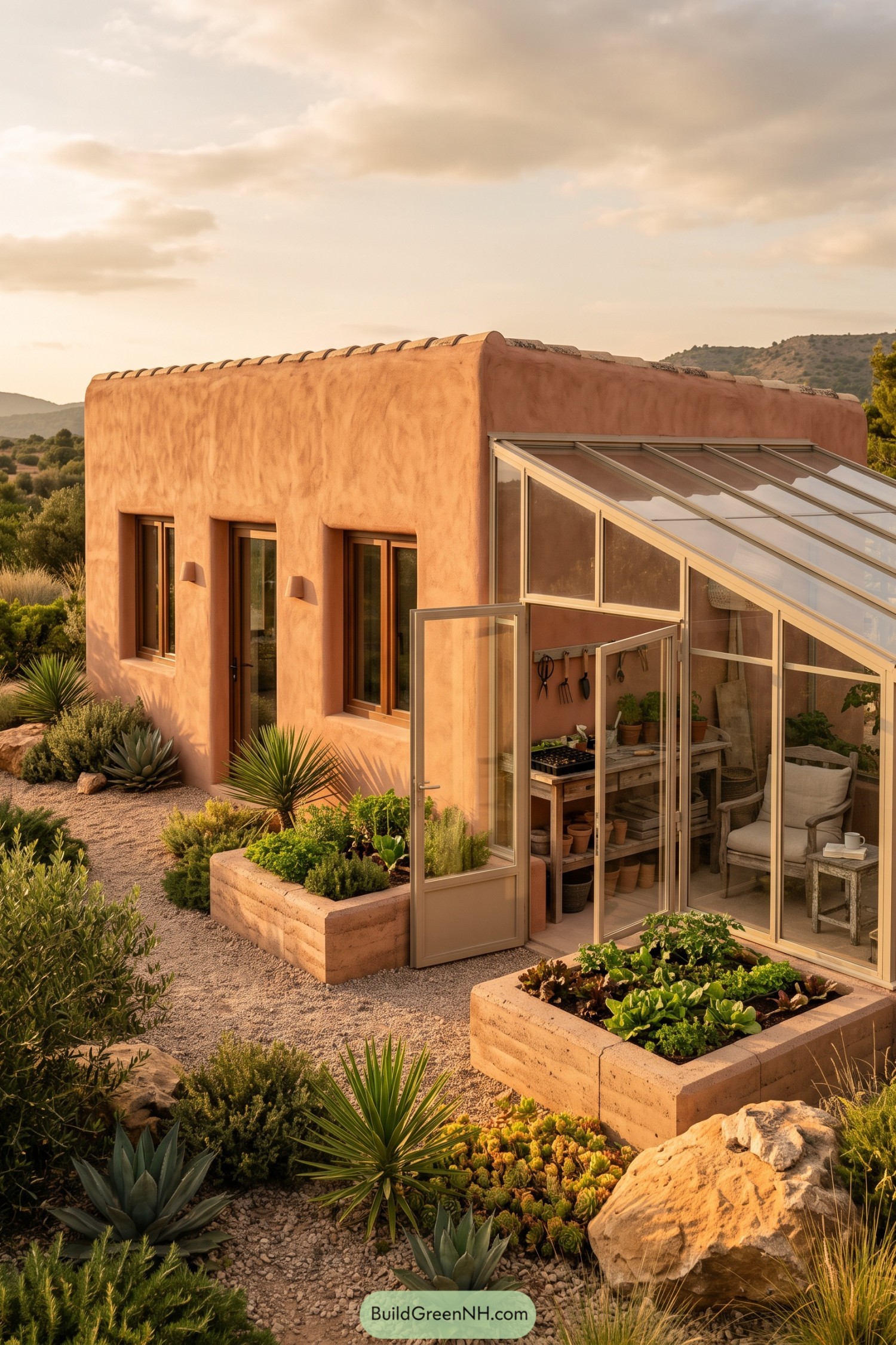Earth-toned cottage with a glass growing room in a dry garden