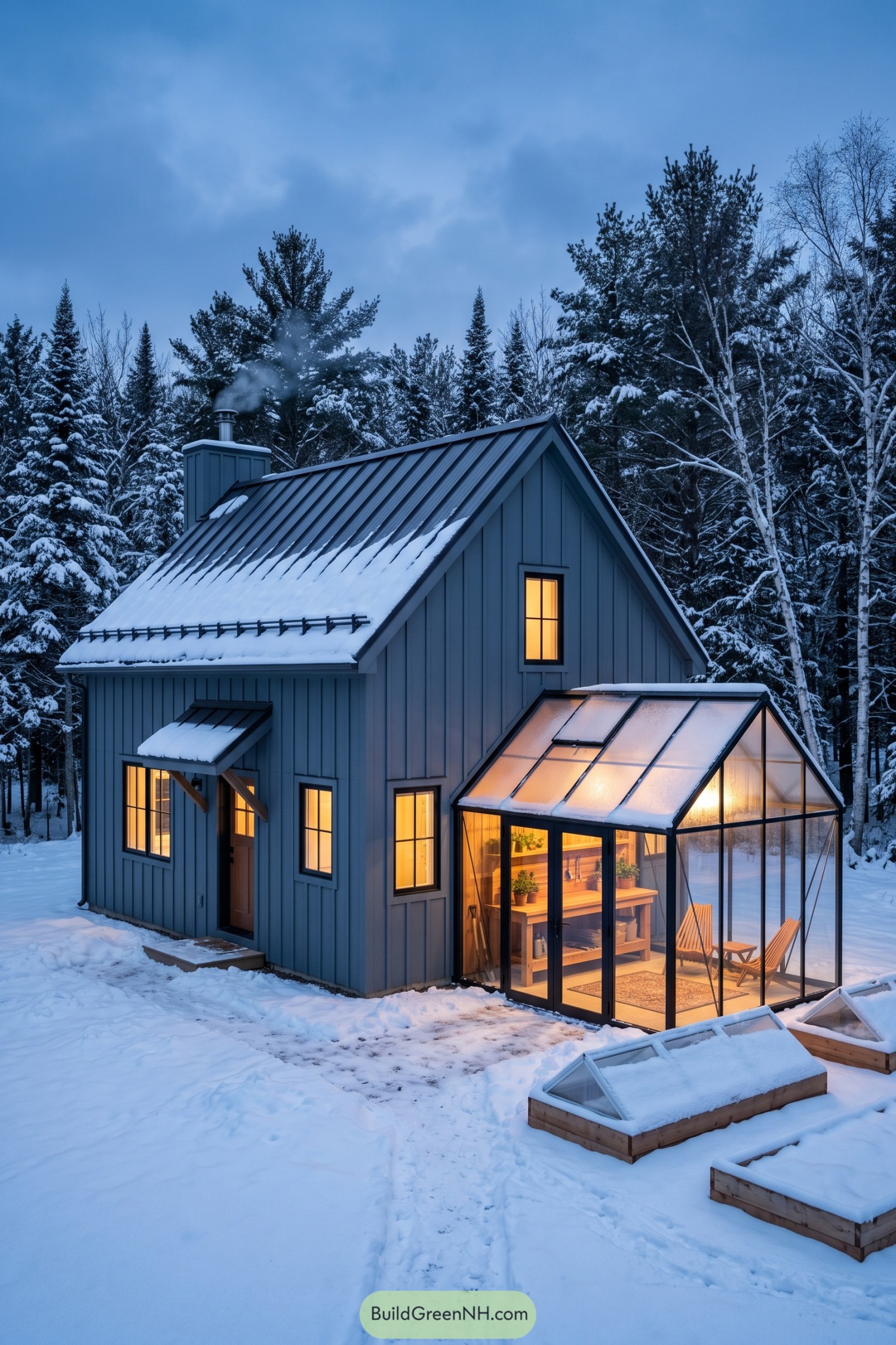 Blue cottage with a glowing glass greenhouse in snow