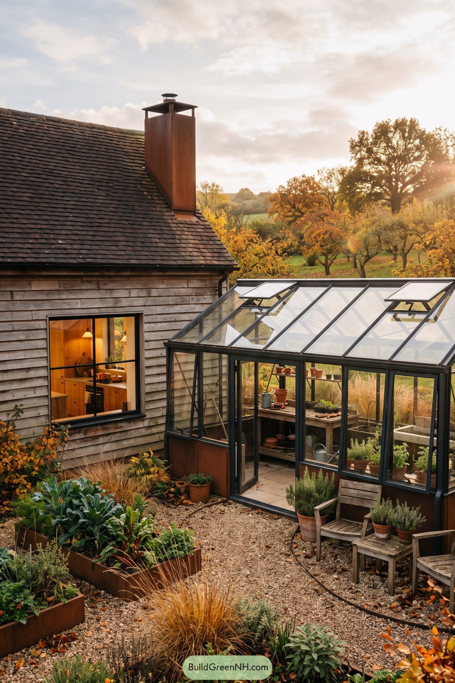 Weathered cottage with black-framed greenhouse beside vegetable beds