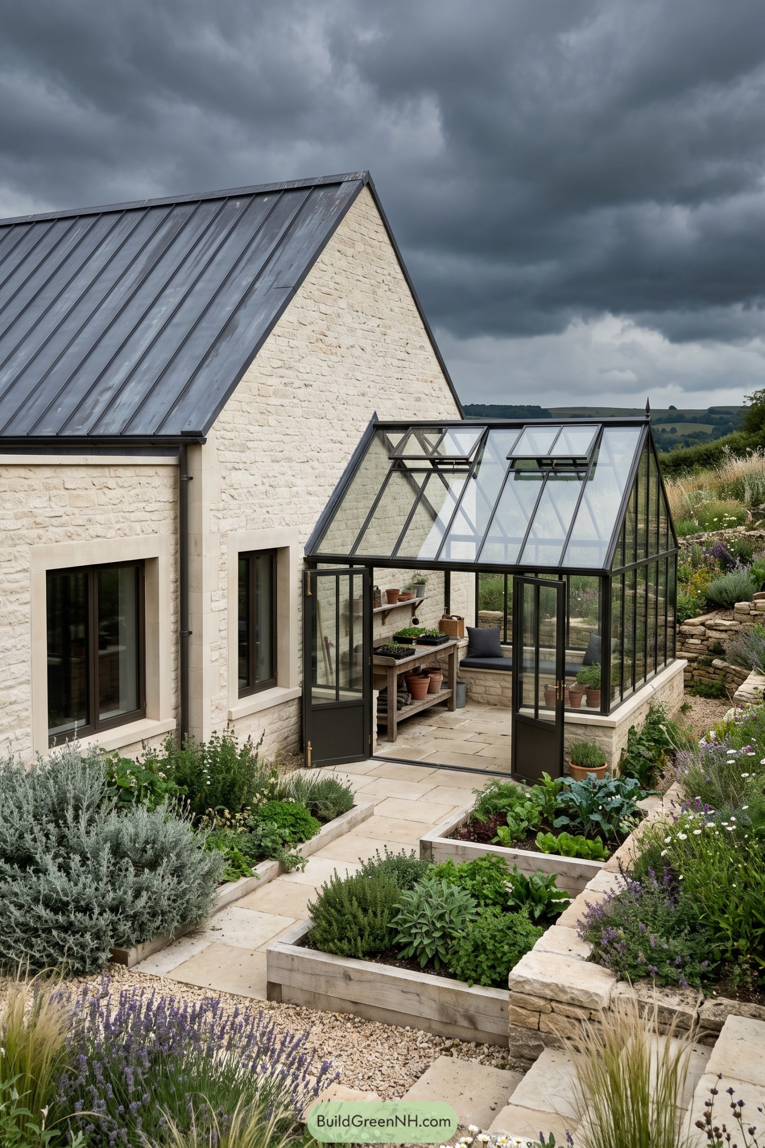 Black-framed greenhouse wing beside a stone cottage garden