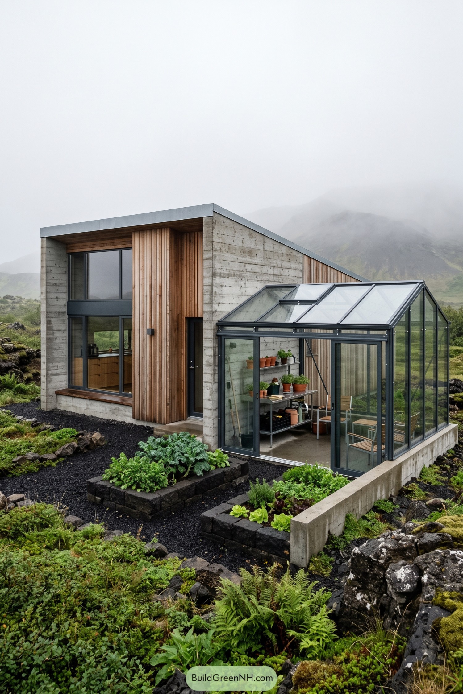 Concrete and timber cottage with a glazed plant pavilion in a misty rocky landscape