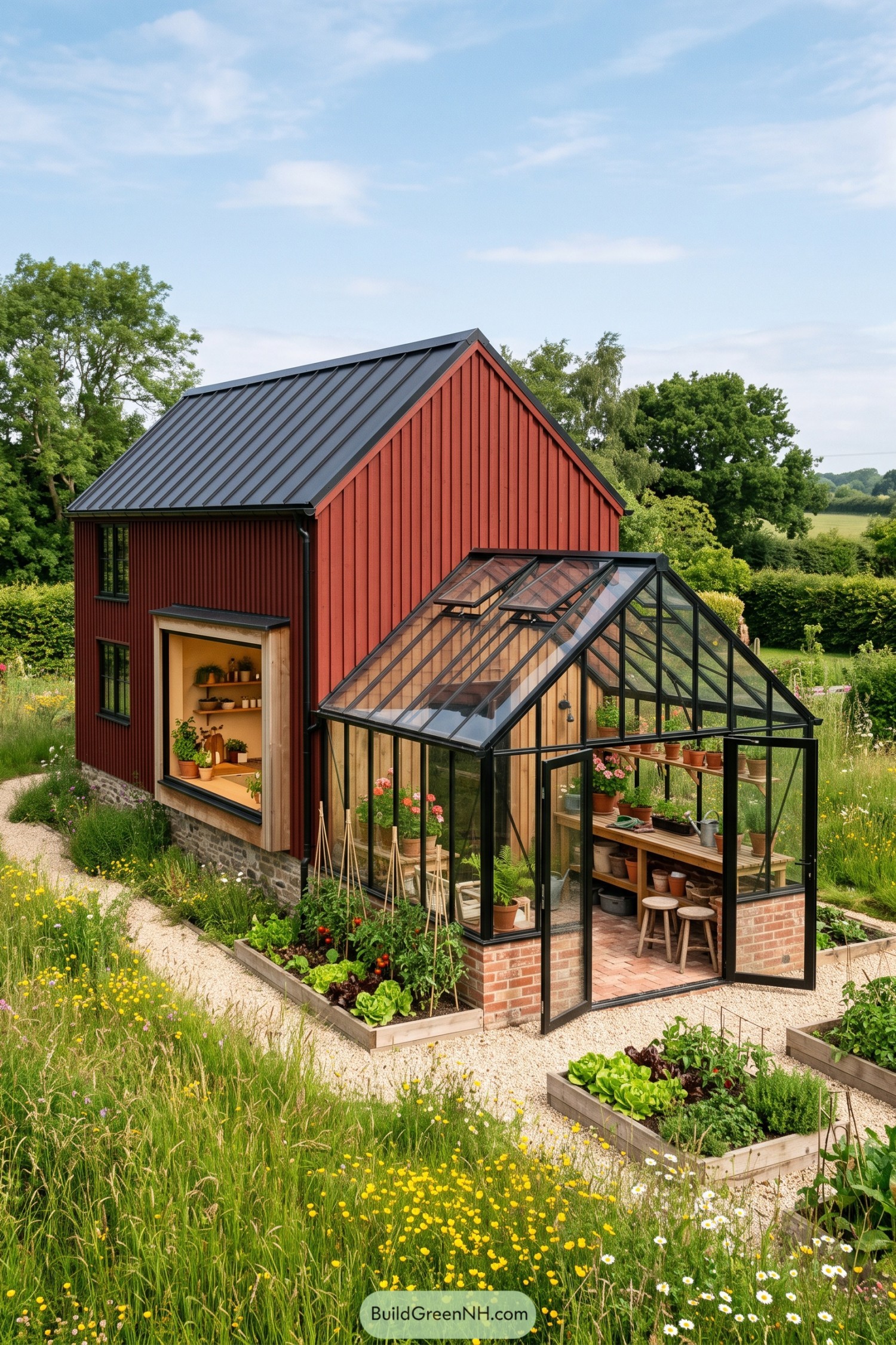 Red timber cottage with a black framed greenhouse beside raised vegetable beds