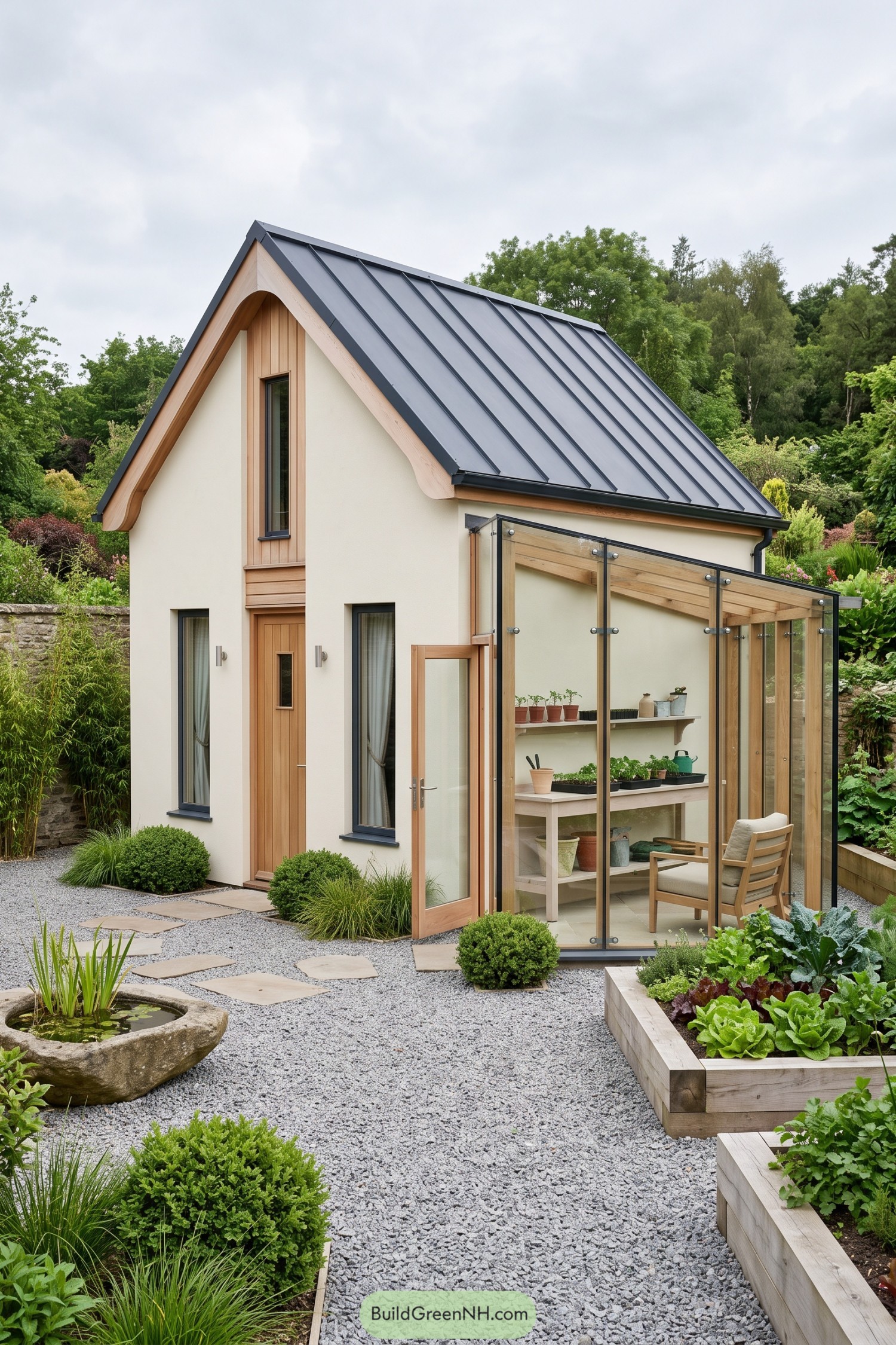 Cream cottage with cedar framed glass growing room