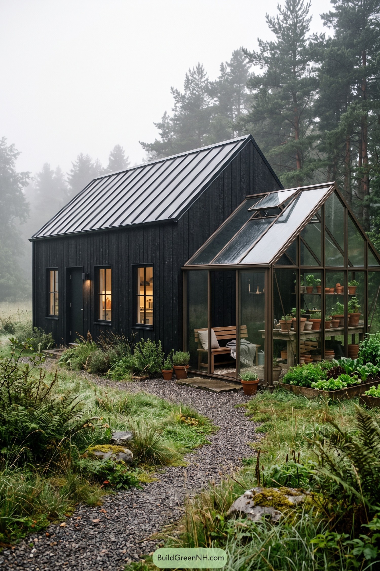Black timber cottage with a glazed greenhouse extension in a pine woodland