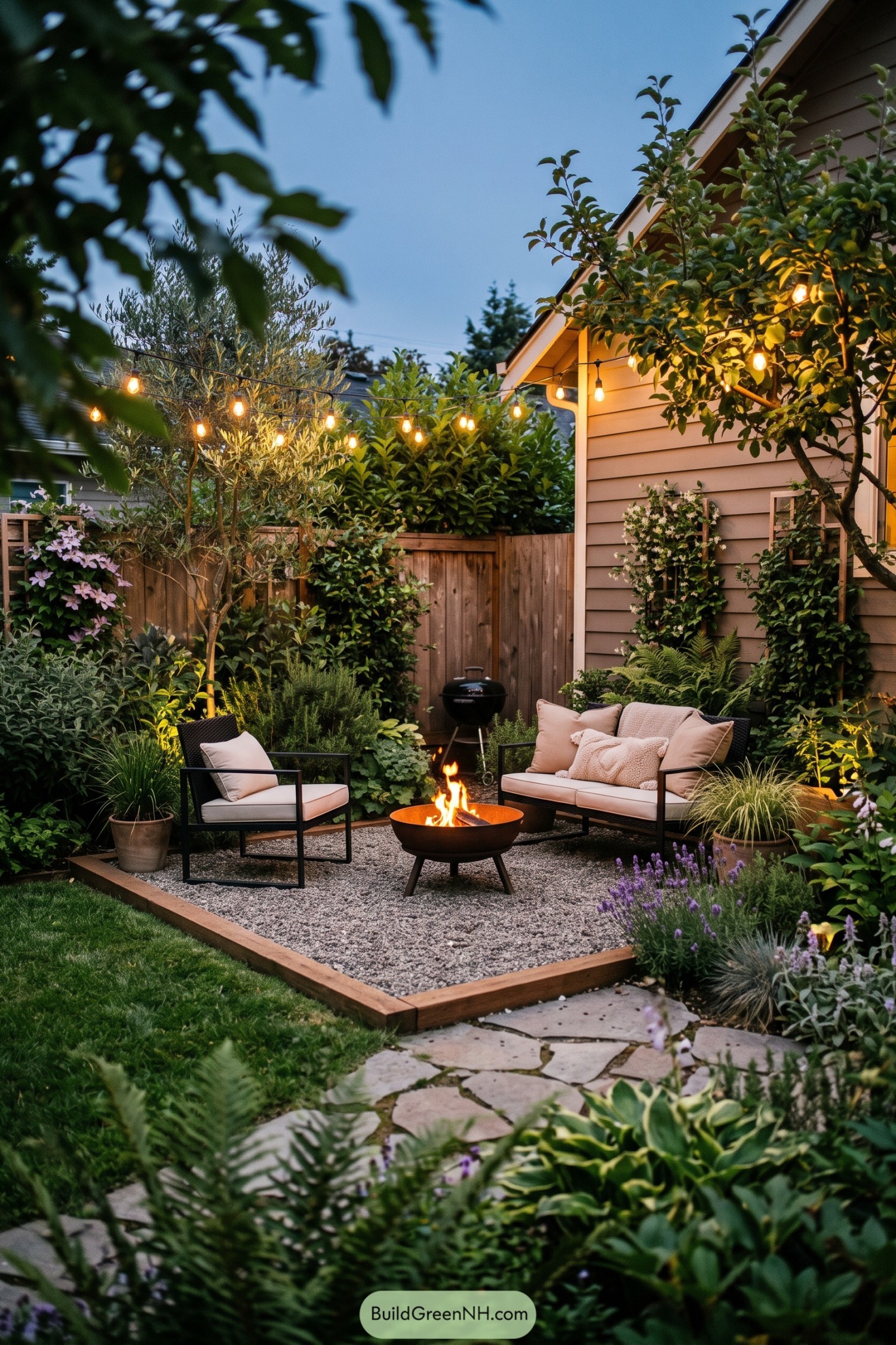 Cozy gravel patio with cushioned seating around a metal fire bowl surrounded by lush plants and overhead string bulbs