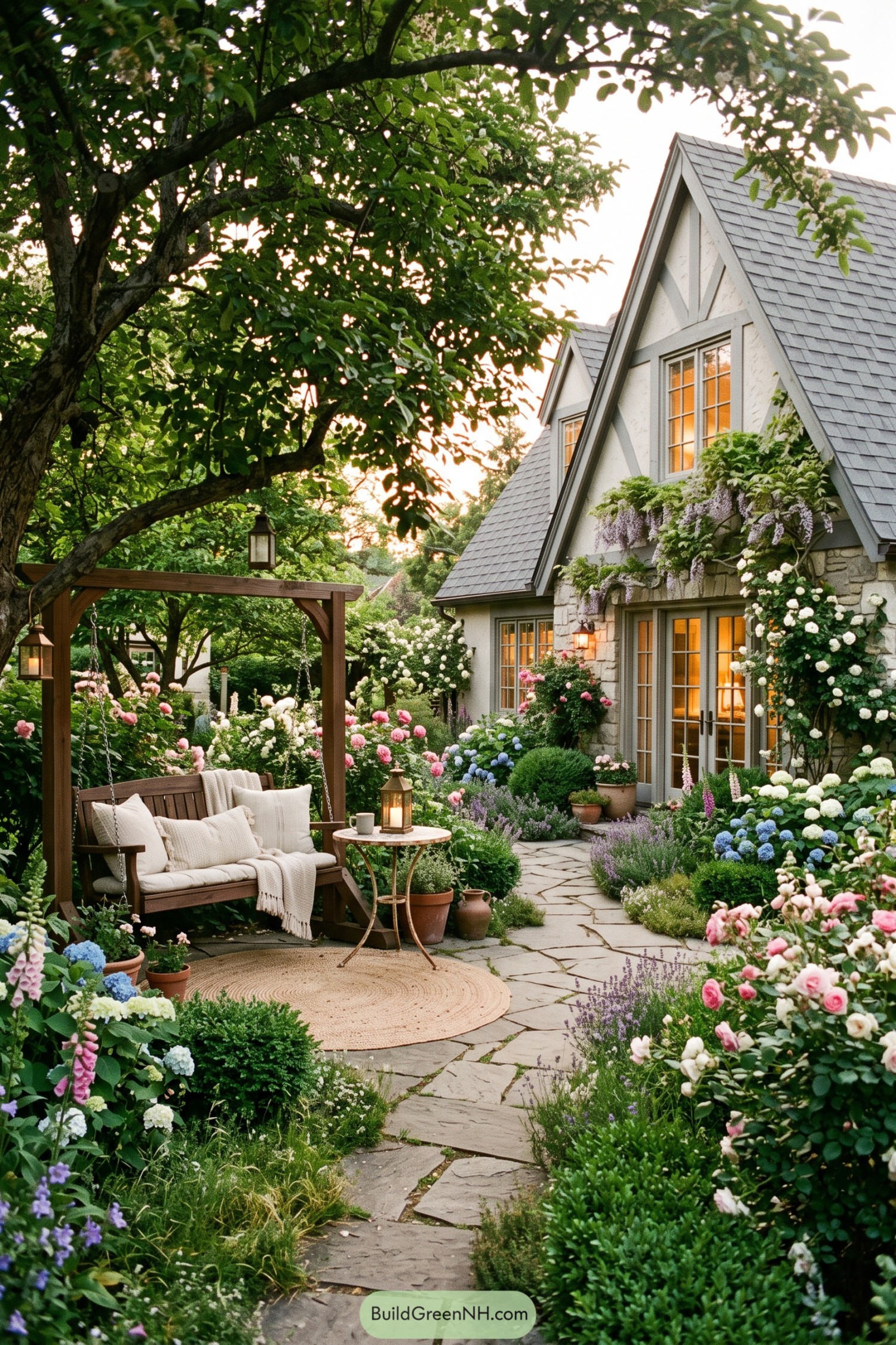 Cushioned wooden swing beside a flagstone path surrounded by hydrangeas and roses outside a steeply gabled cottage