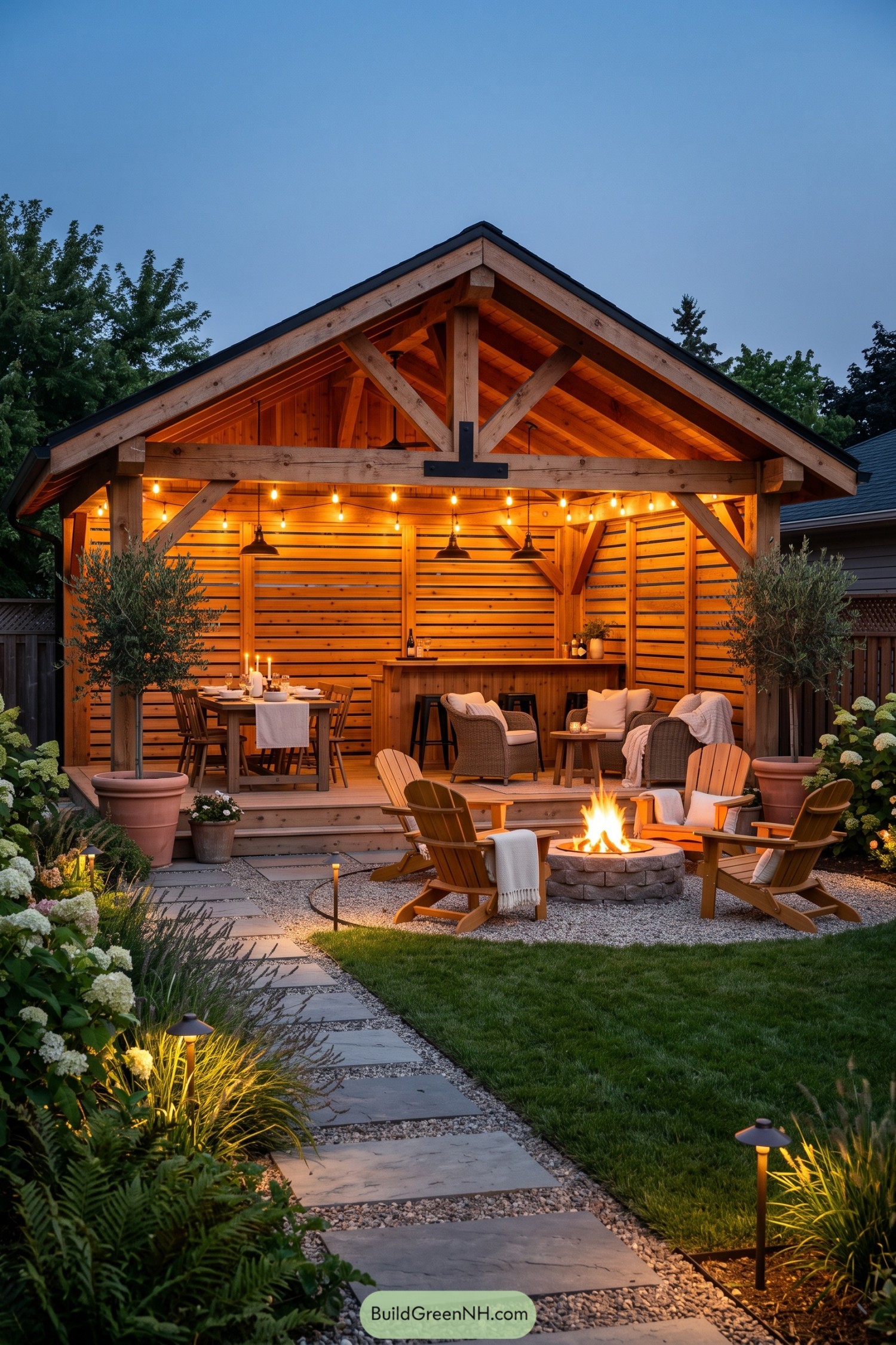 Timber backyard pavilion with a dining table and bar overlooking Adirondack chairs around a stone fire pit