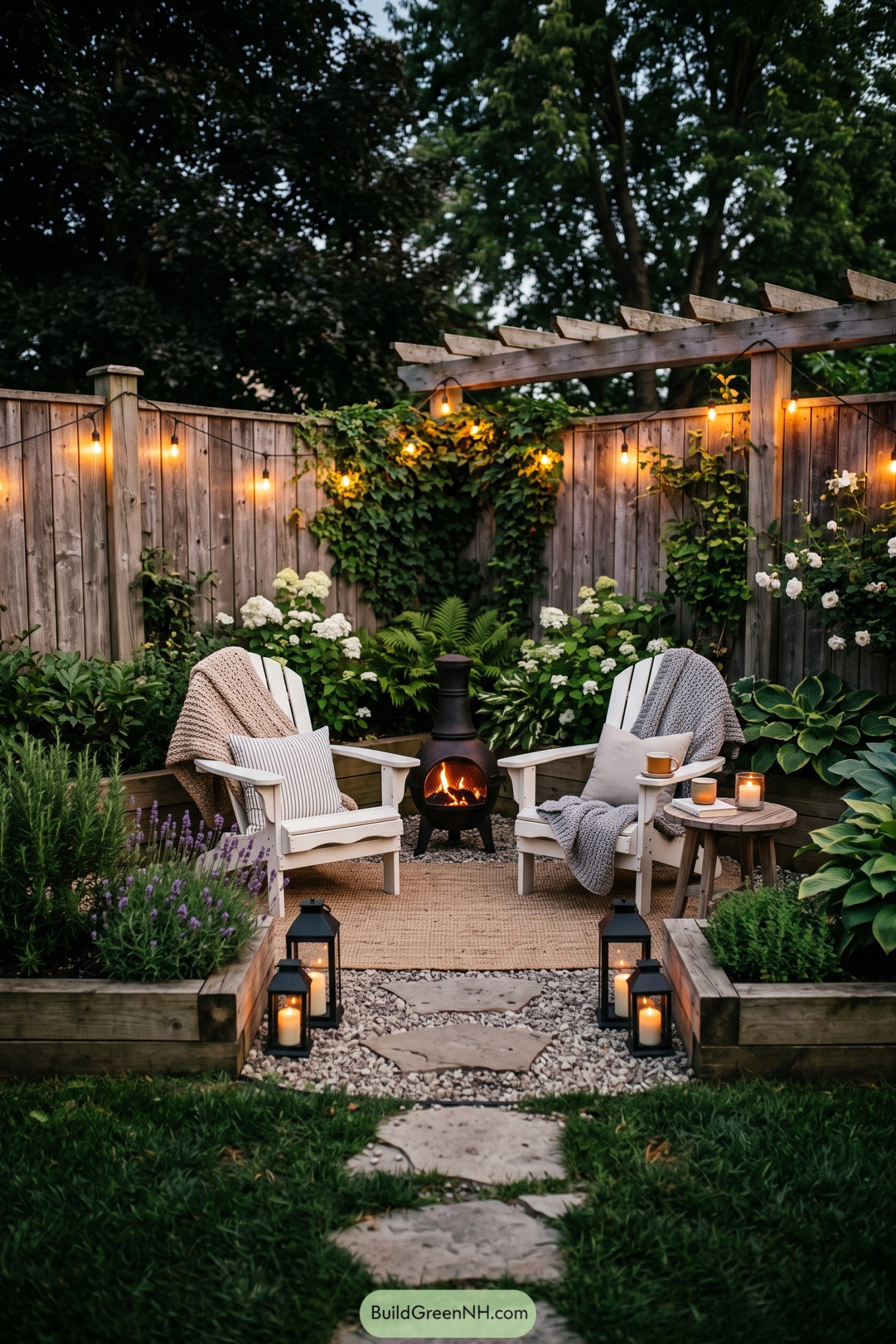 White Adirondack chairs flank a black chiminea in a fenced garden nook with raised beds and a stepping stone path