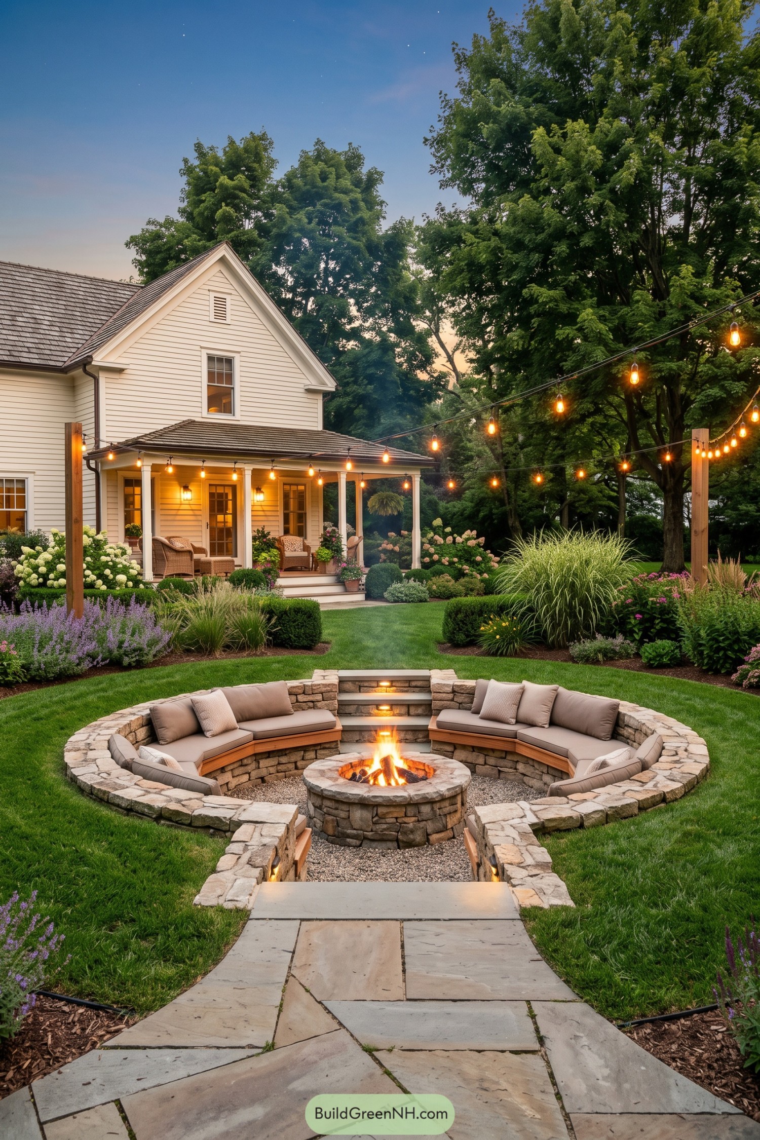 Sunken circular seating area with cushioned benches and a stone fire pit amid flowering borders and lawn