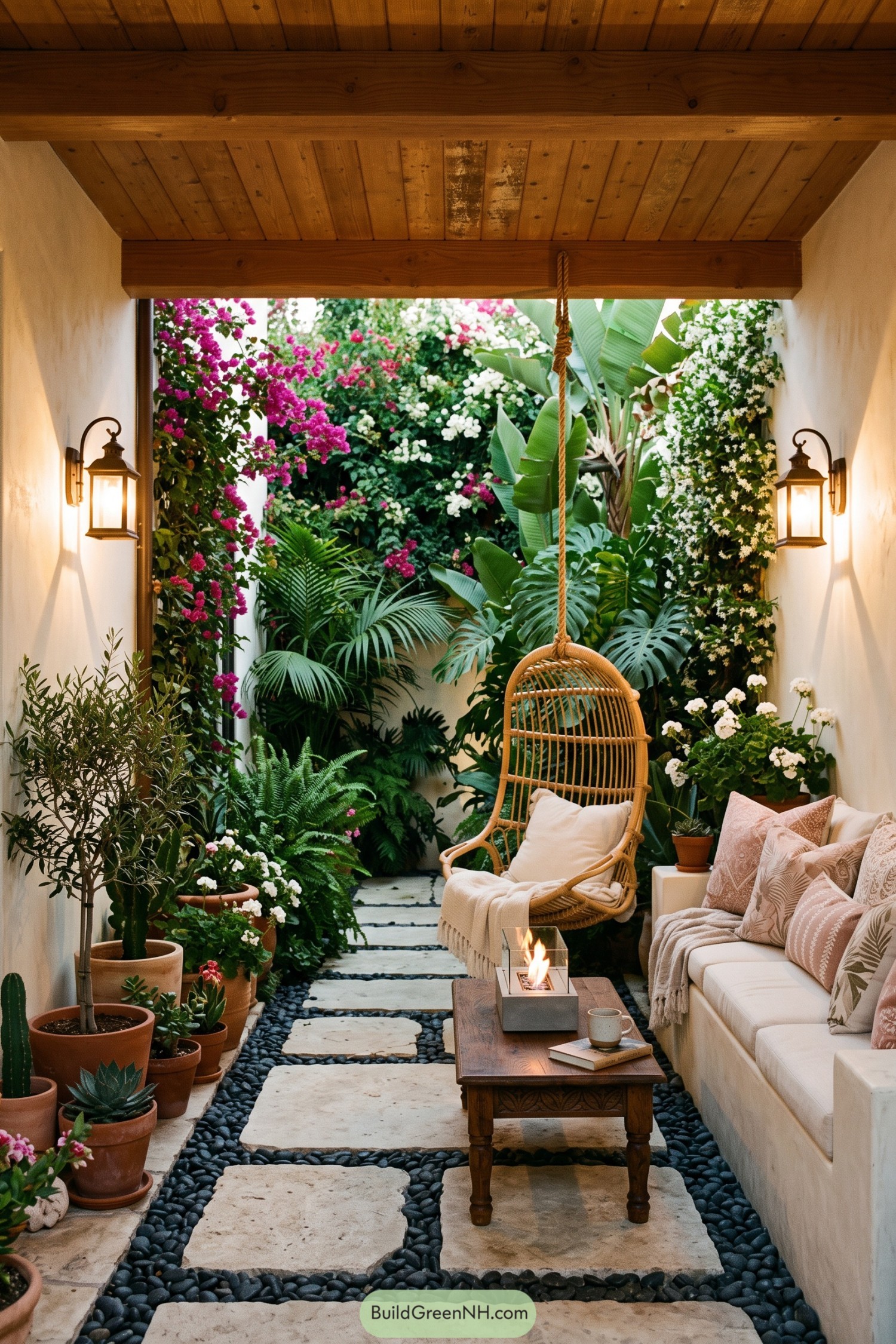 Narrow covered patio with a hanging wicker chair, cushioned bench, stone paving, and lush potted plants
