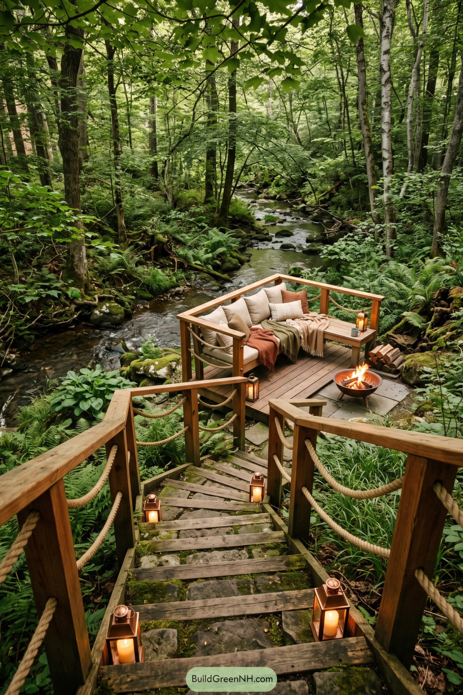 Rope-lined wooden steps lead to a cushioned creekside bench with lanterns and a fire bowl among woodland ferns
