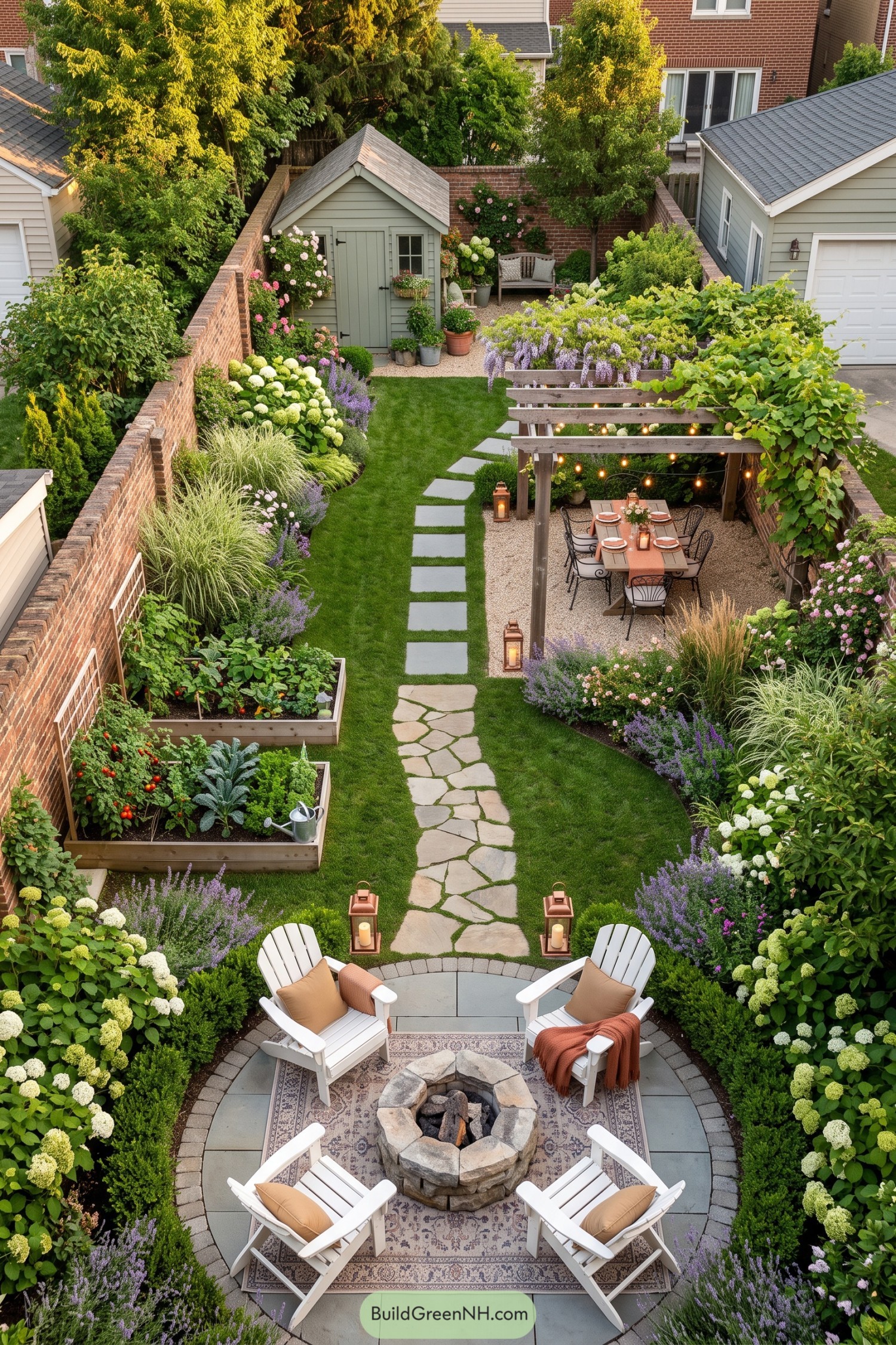 Narrow brick courtyard with a circular fire pit patio, vegetable beds, flowering borders, pergola dining area, and garden shed