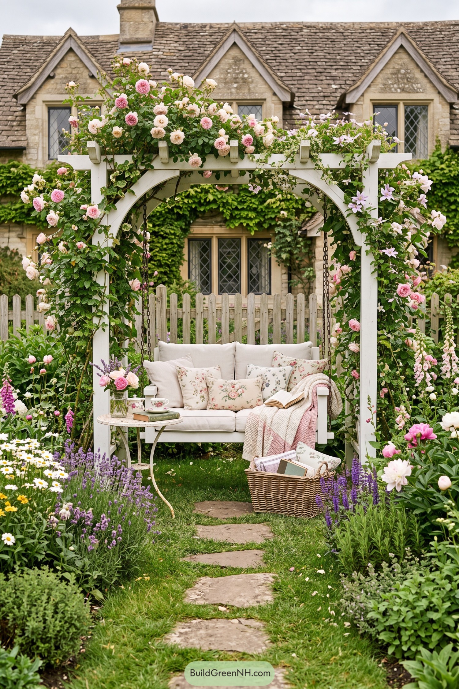 A cushioned garden swing beneath a rose-covered white arbor with stepping stones and dense cottage flower beds