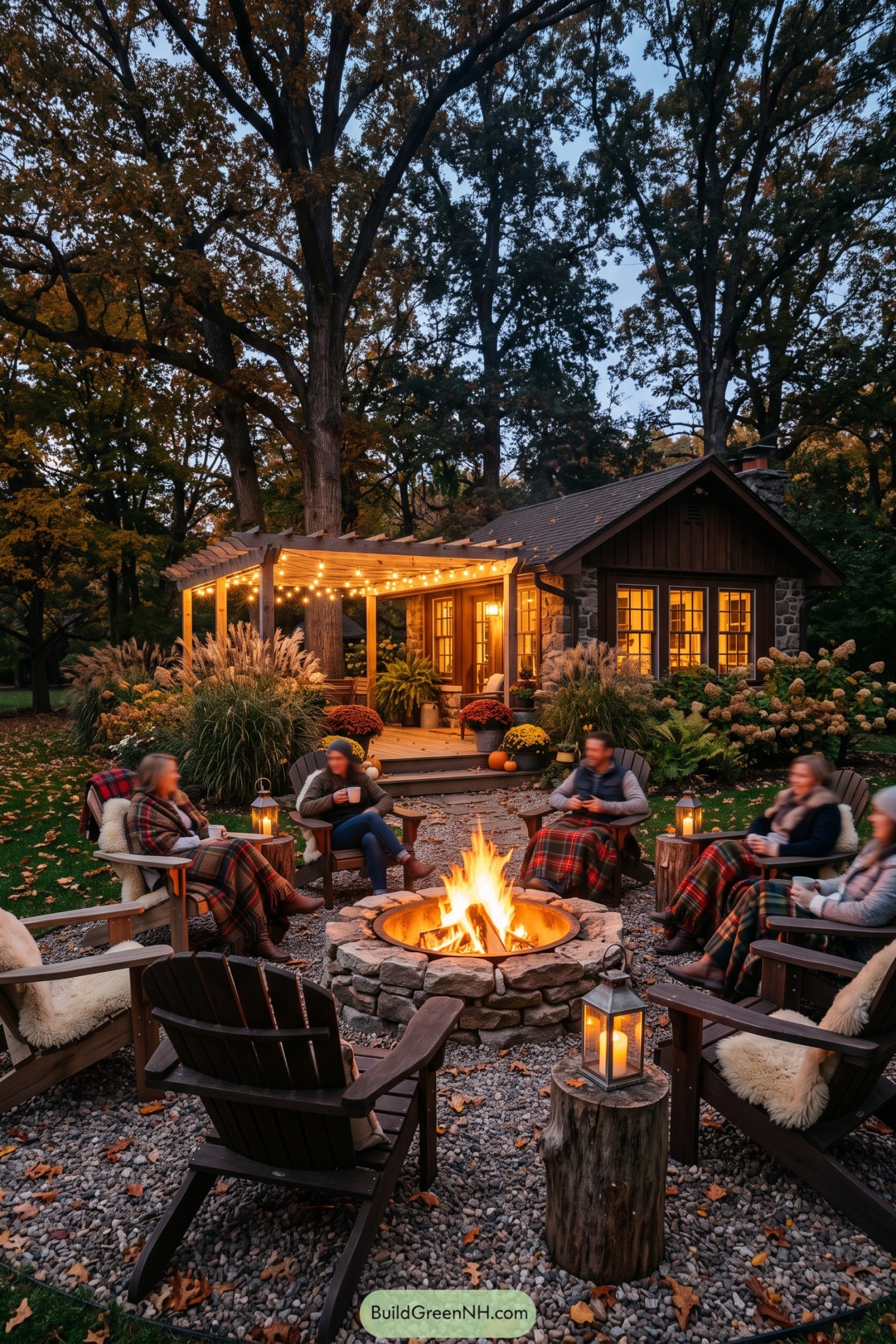 Adirondack chairs surround a stone fire pit on gravel beside a woodland cottage with a pergola and autumn planting