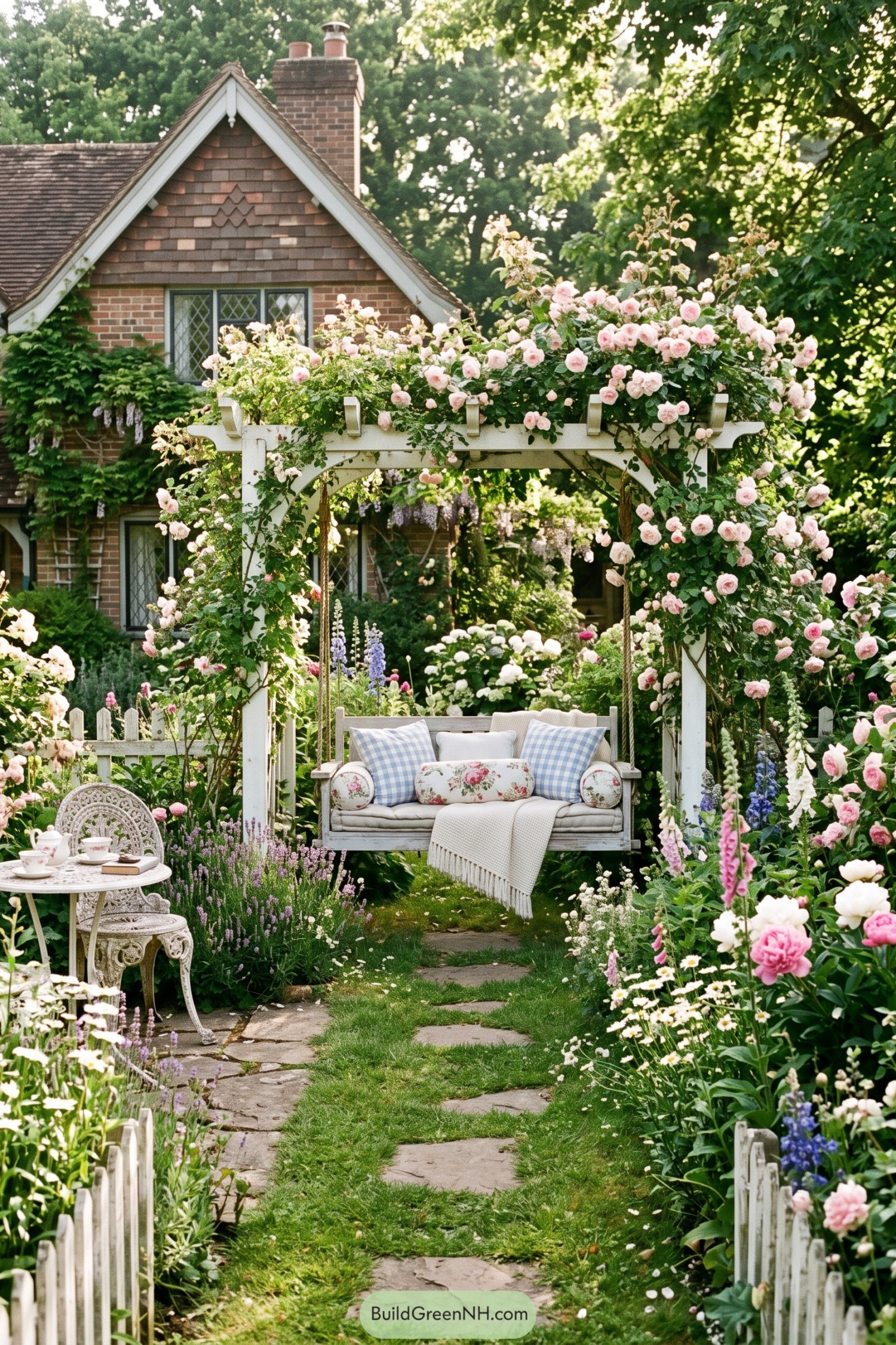 Wooden swing beneath a rose-covered white arbor with cottage flower beds and a stepping-stone path