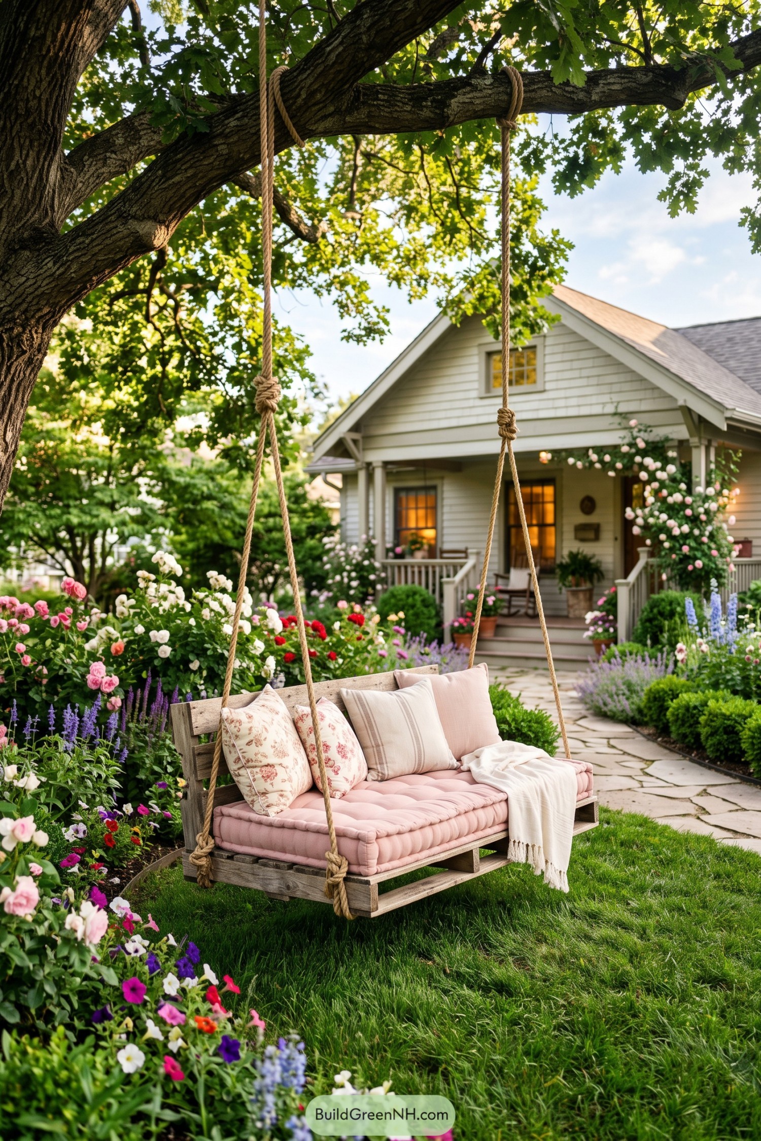 Wooden rope swing with pink cushions beneath a mature tree surrounded by cottage flowers and a stone path