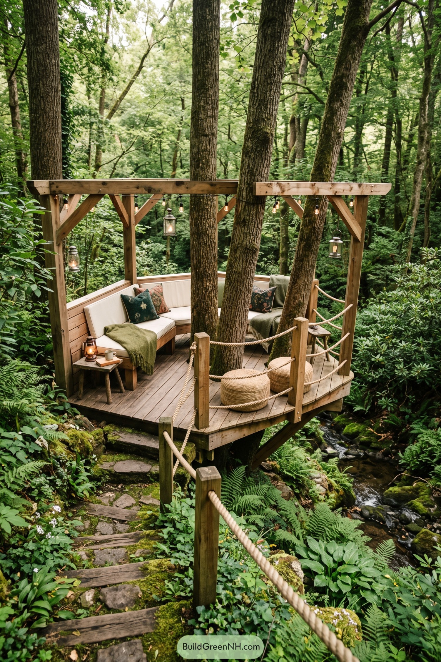 Raised wooden deck built around trees with cushioned benches, rope railings, and a fern-lined creek below