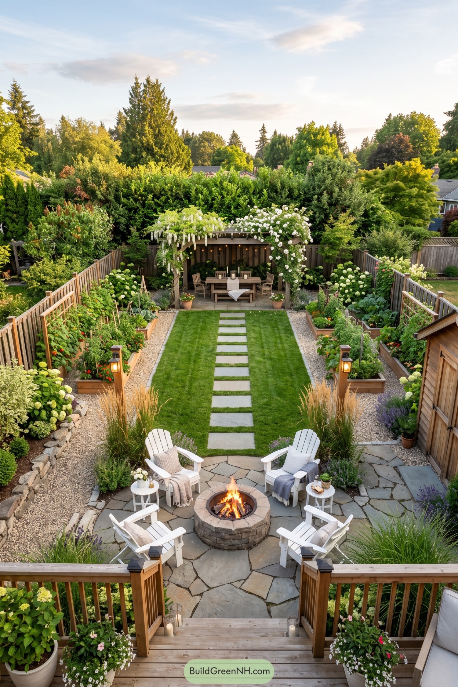 Backyard with raised vegetable beds flanking a lawn path between a stone fire pit patio and a flowering dining pergola