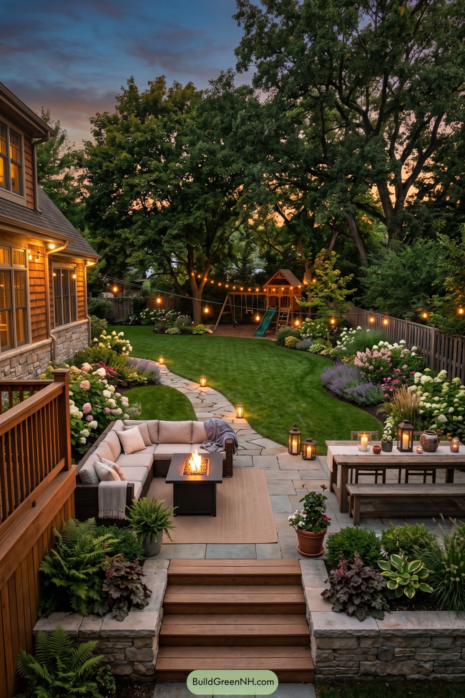 Backyard with a stone patio seating area and dining table beside a curved lawn bordered by flowers and a wooden playset