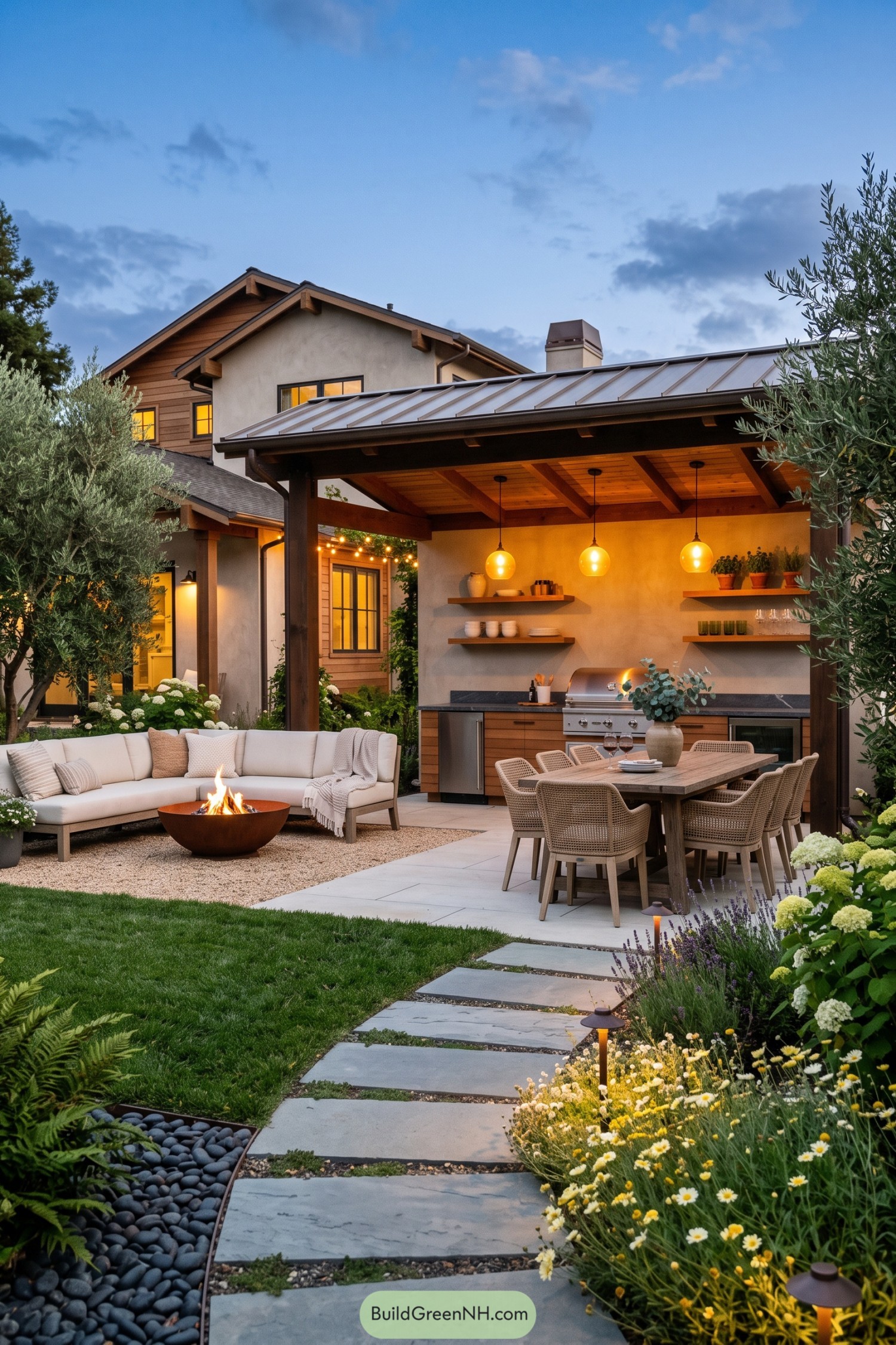 Backyard with a covered outdoor kitchen and dining table beside a cream sectional and fire bowl surrounded by flowering plants