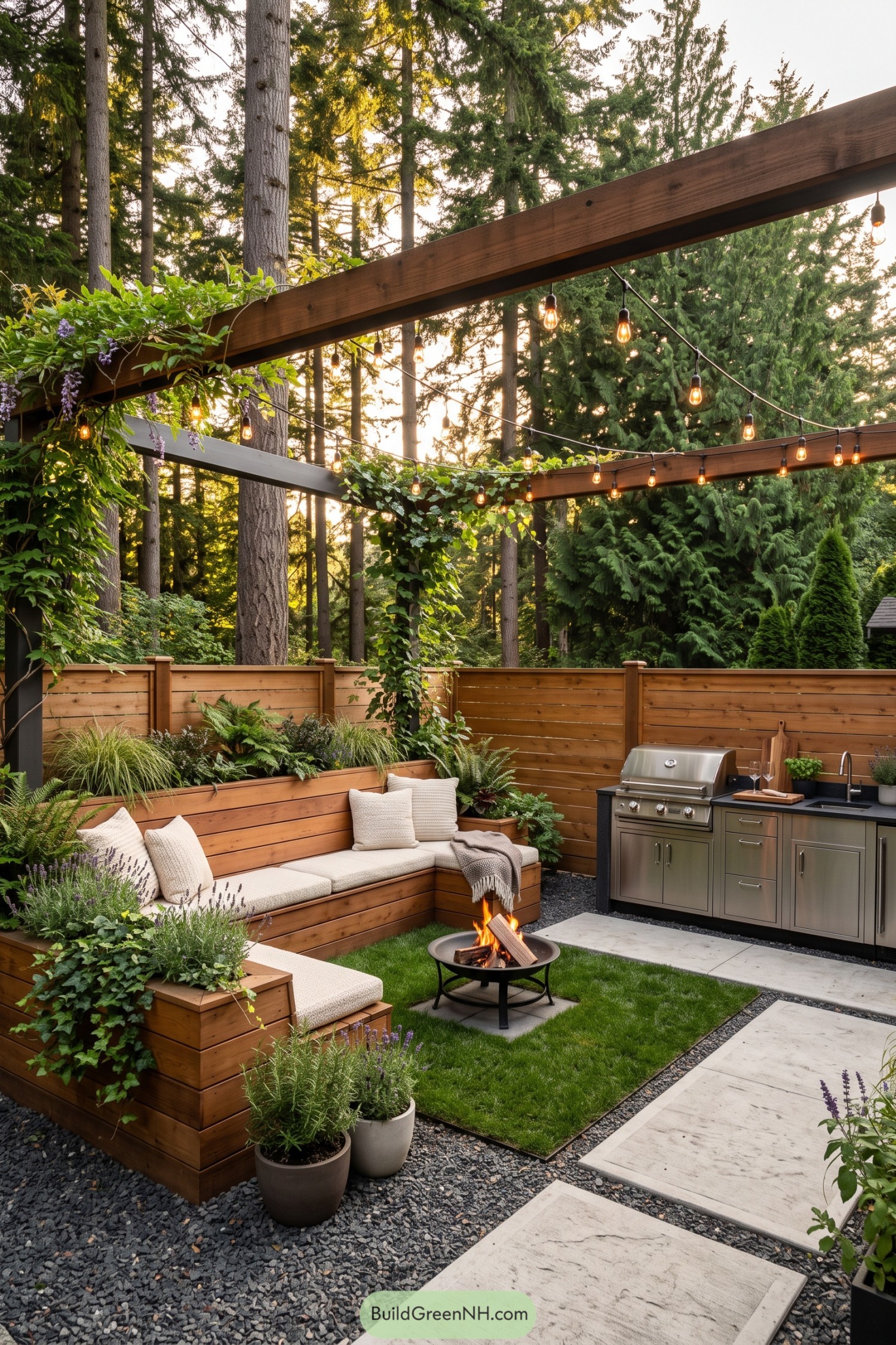 Woodland backyard with cushioned timber benches, raised planters, a central fire bowl and an outdoor kitchen
