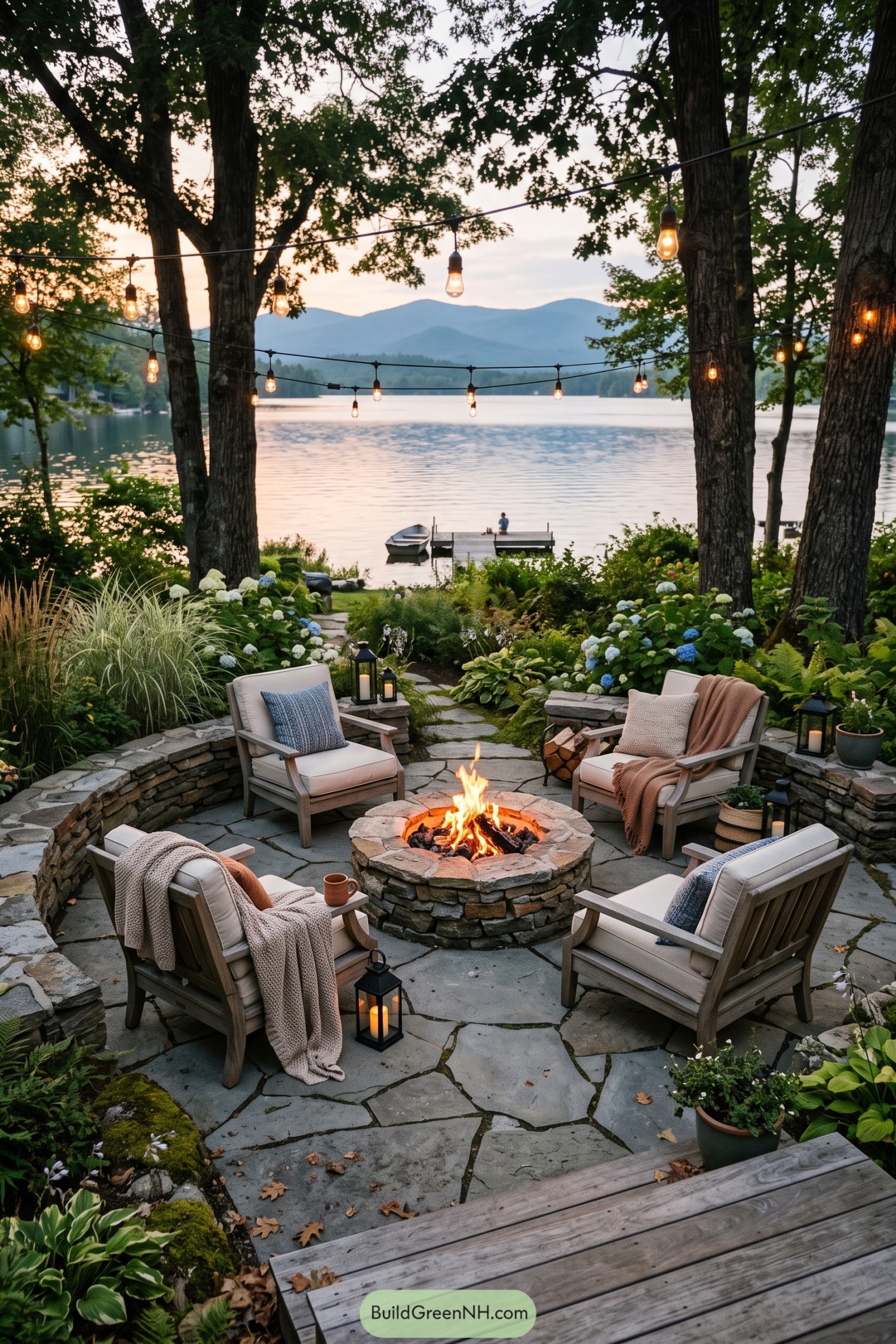 Four cushioned chairs surround a stone fire pit on a garden patio overlooking a lake and mountains