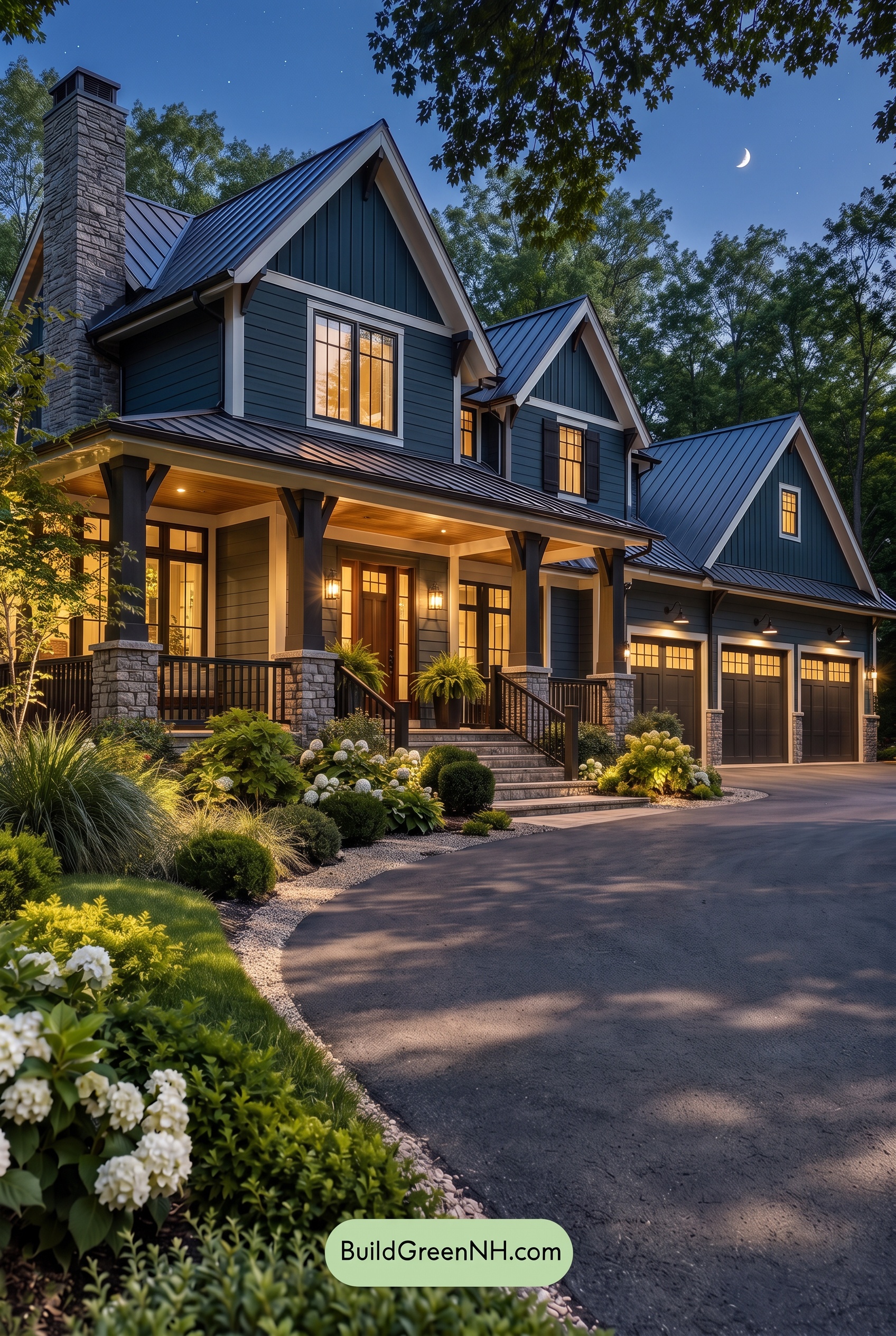 Dark Teal House Exterior Color Scheme: Bluegreen Ironwood - Nighttime