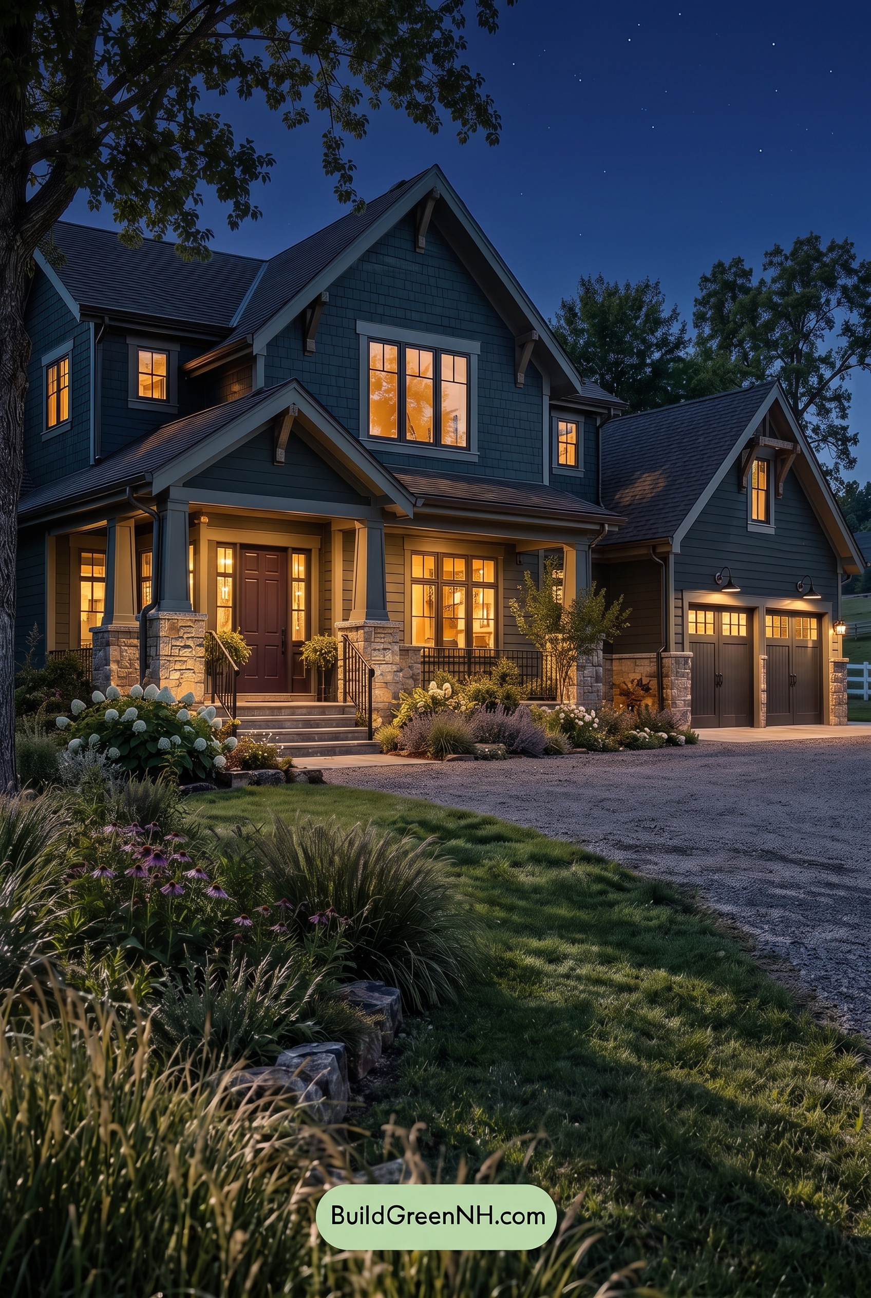 Dark Teal House Exterior Color Scheme: Cedar Verdant Quiet - Nighttime