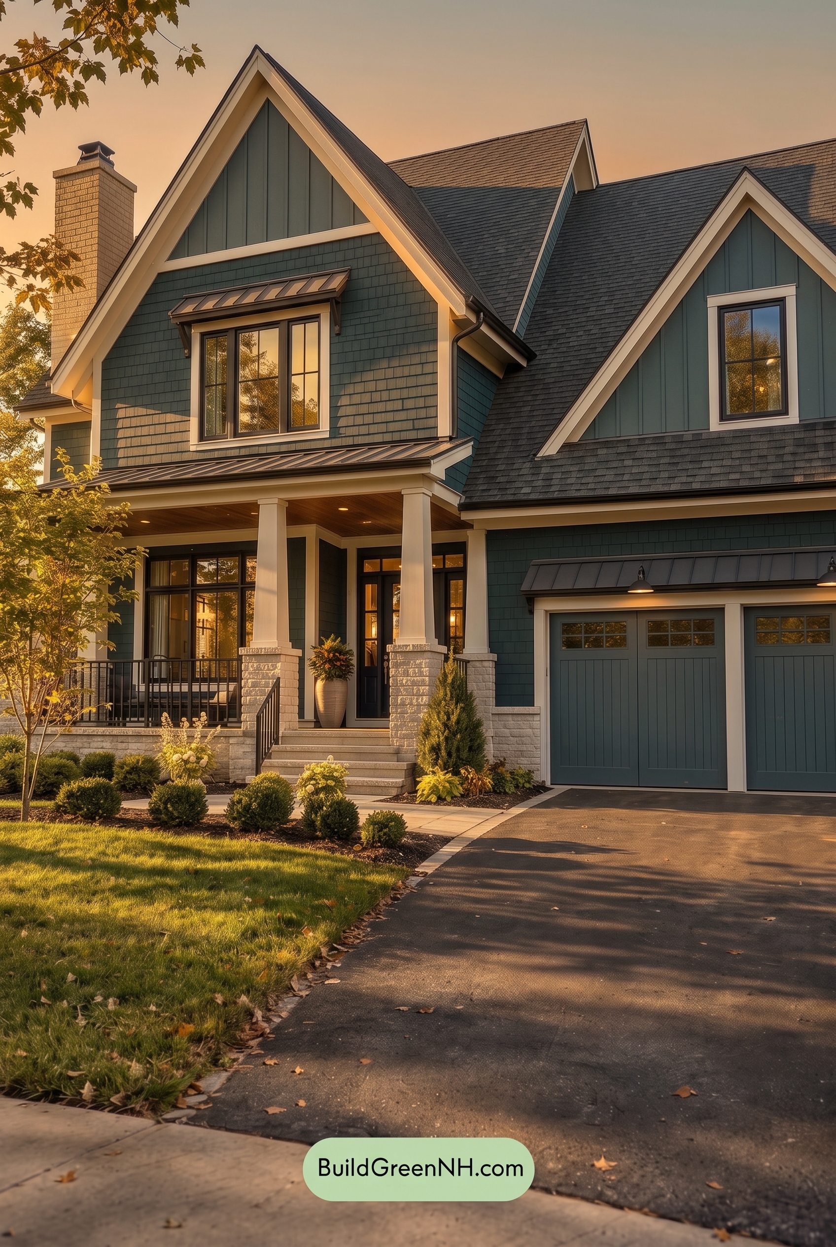 Dark Teal House Exterior Color Scheme: Cobalt Linen Hearth - Golden Hour