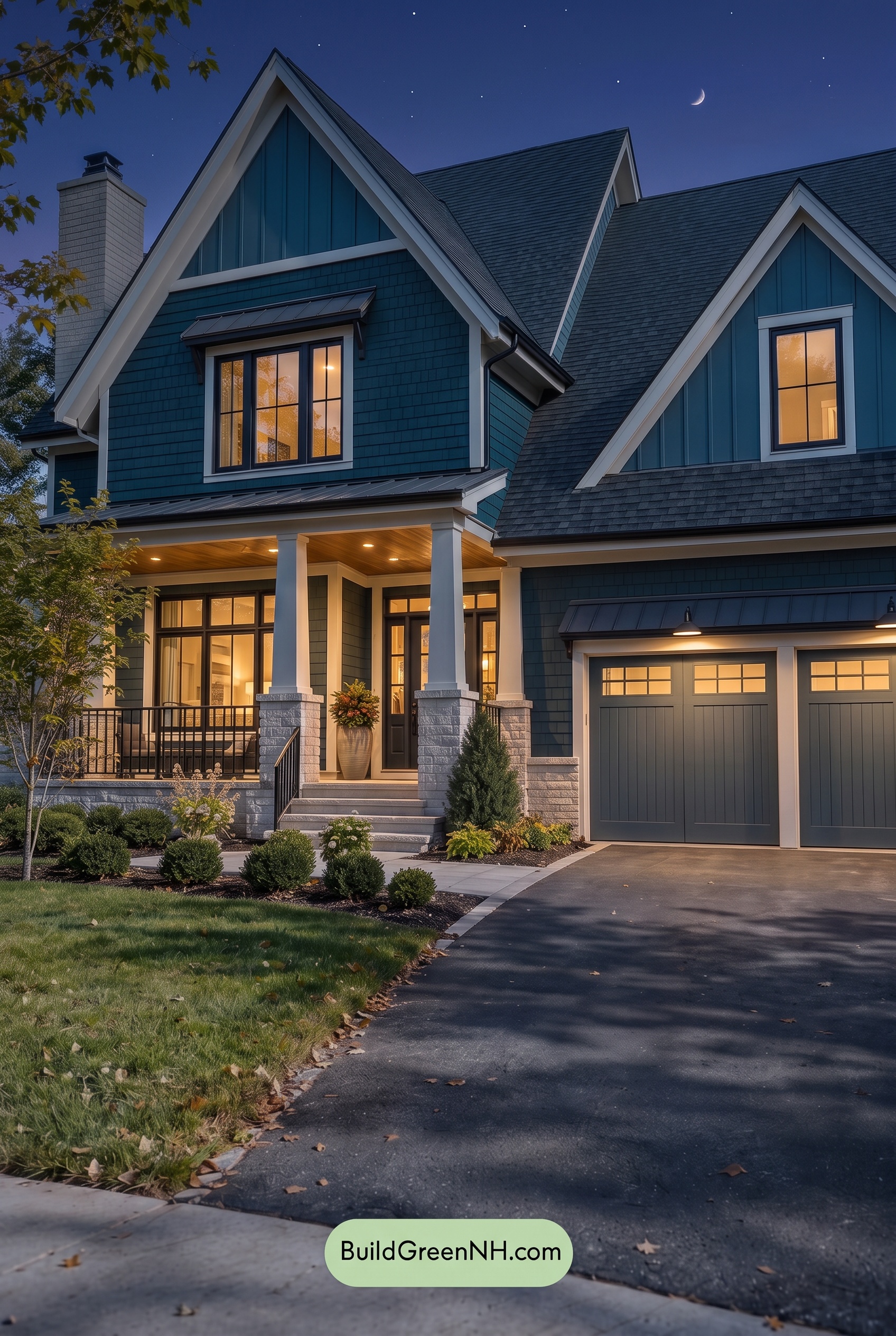 Dark Teal House Exterior Color Scheme: Cobalt Linen Hearth - Nighttime