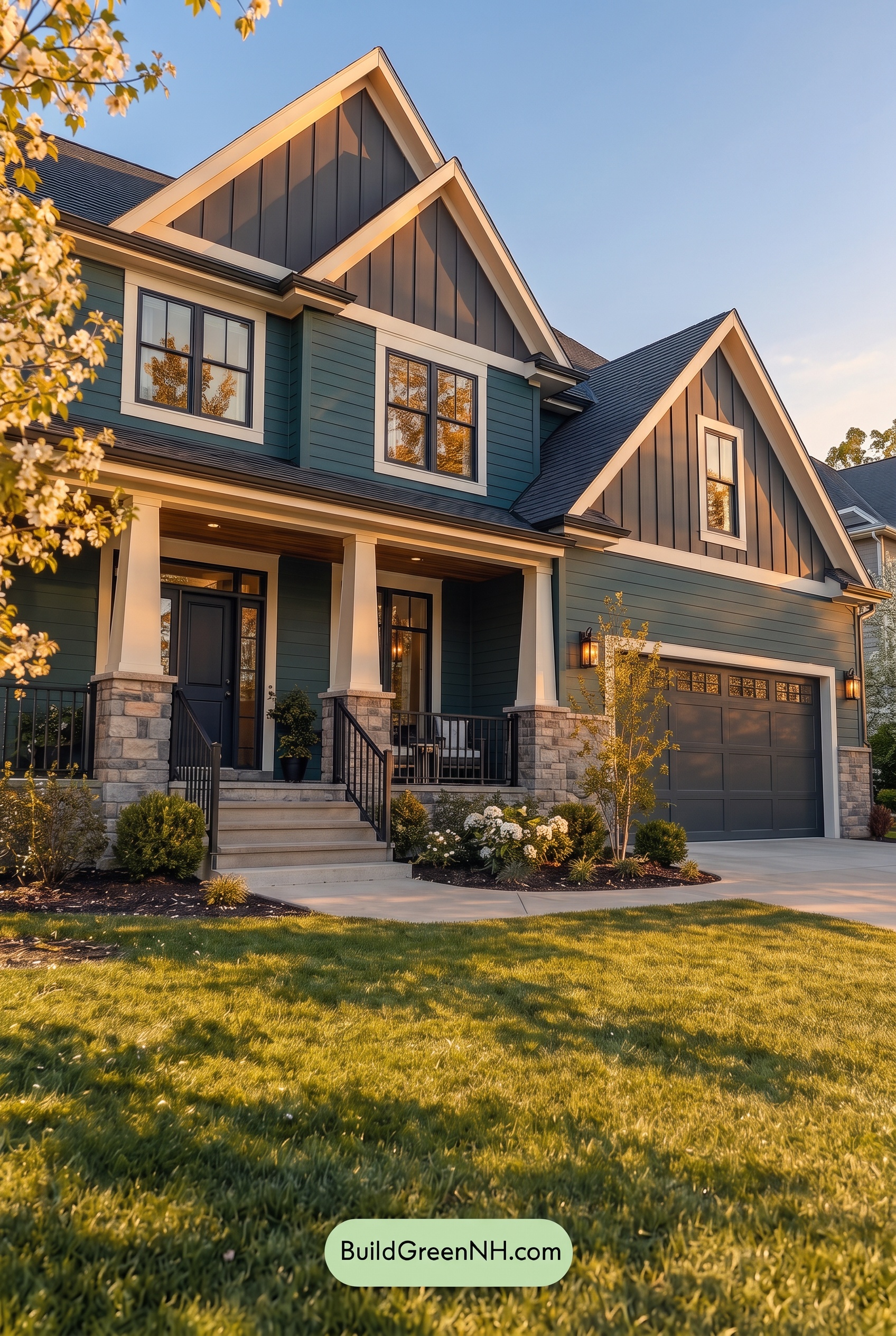 Dark Teal House Exterior Color Scheme: Dusky Teal Poise - Golden Hour