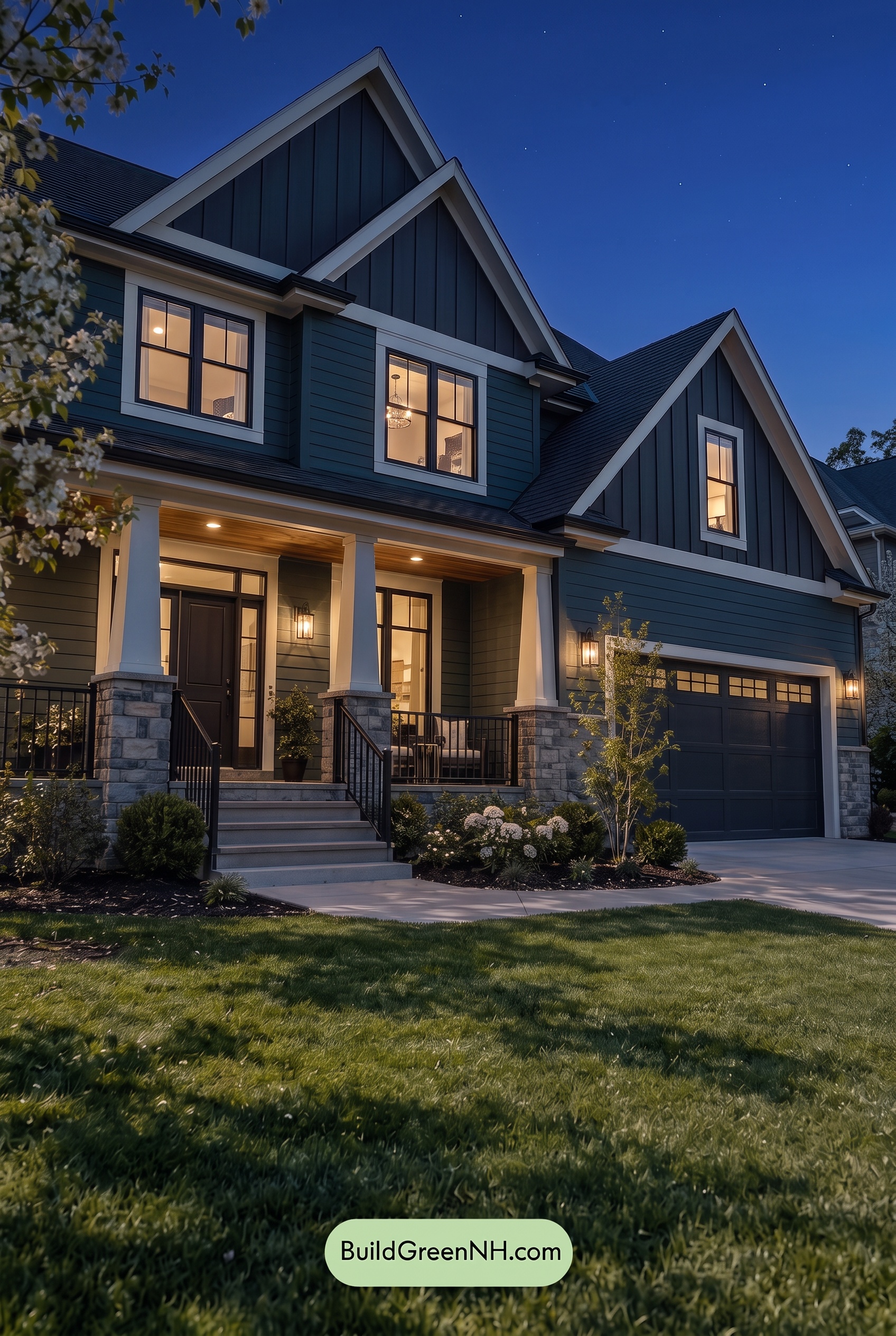 Dark Teal House Exterior Color Scheme: Dusky Teal Poise - Nighttime