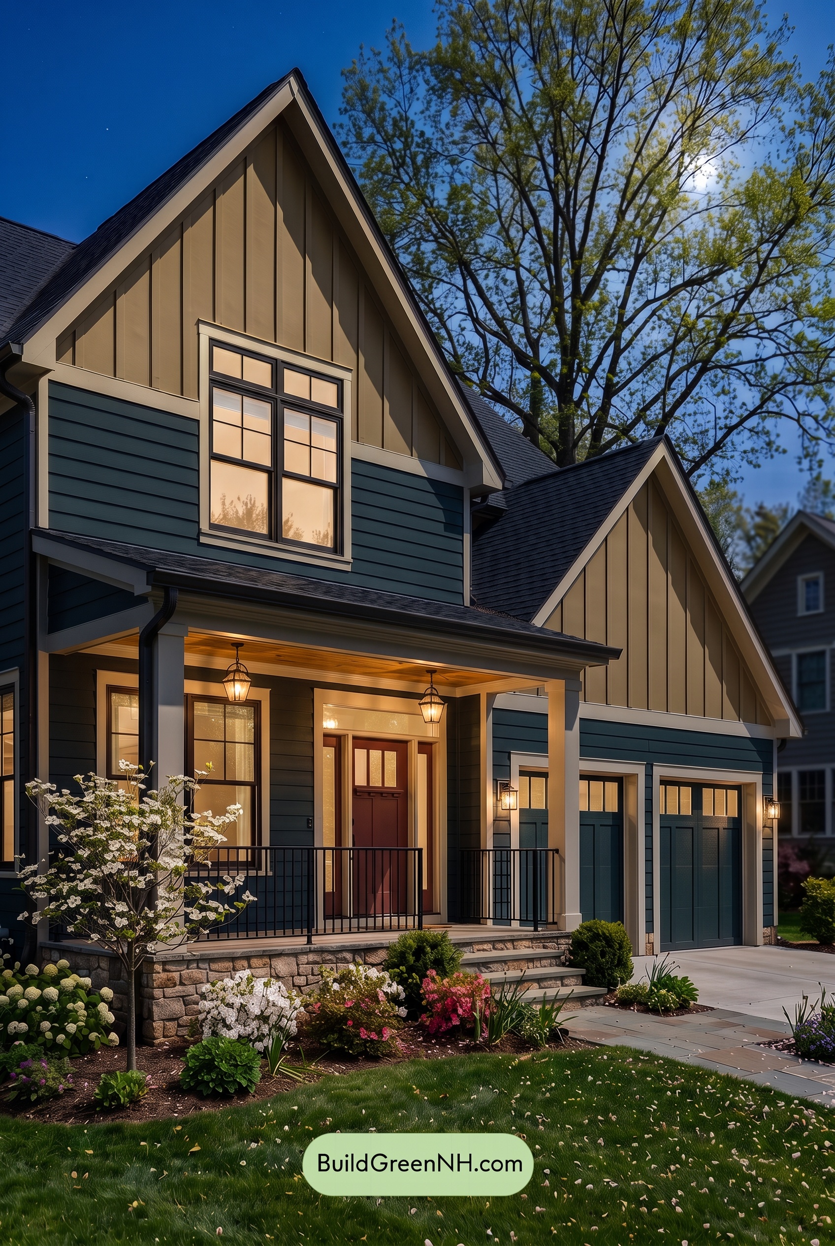 Dark Teal House Exterior Color Scheme: Gable Solace - Nighttime