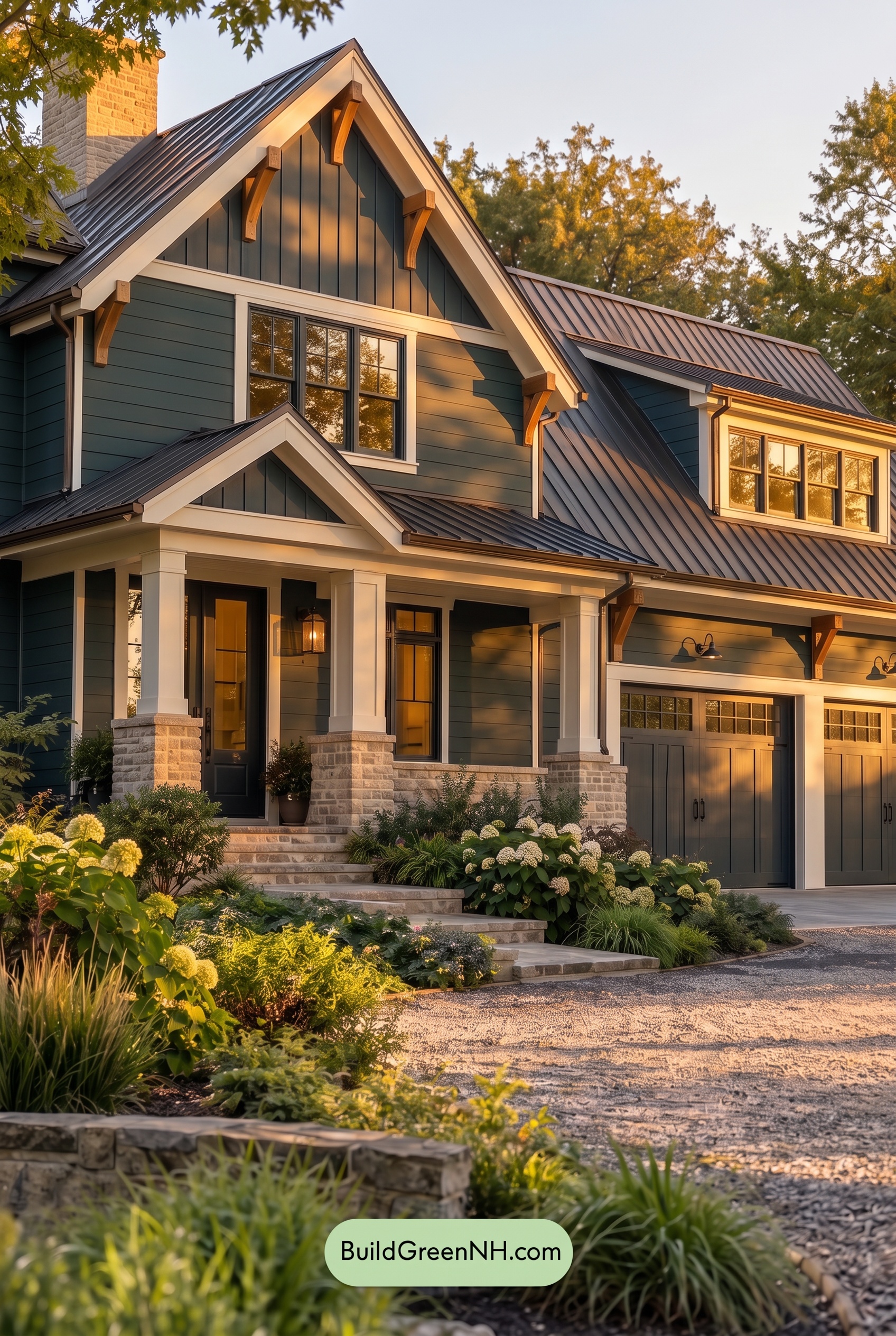 Dark Teal House Exterior Color Scheme: Harbor Chalk Facade - Golden Hour