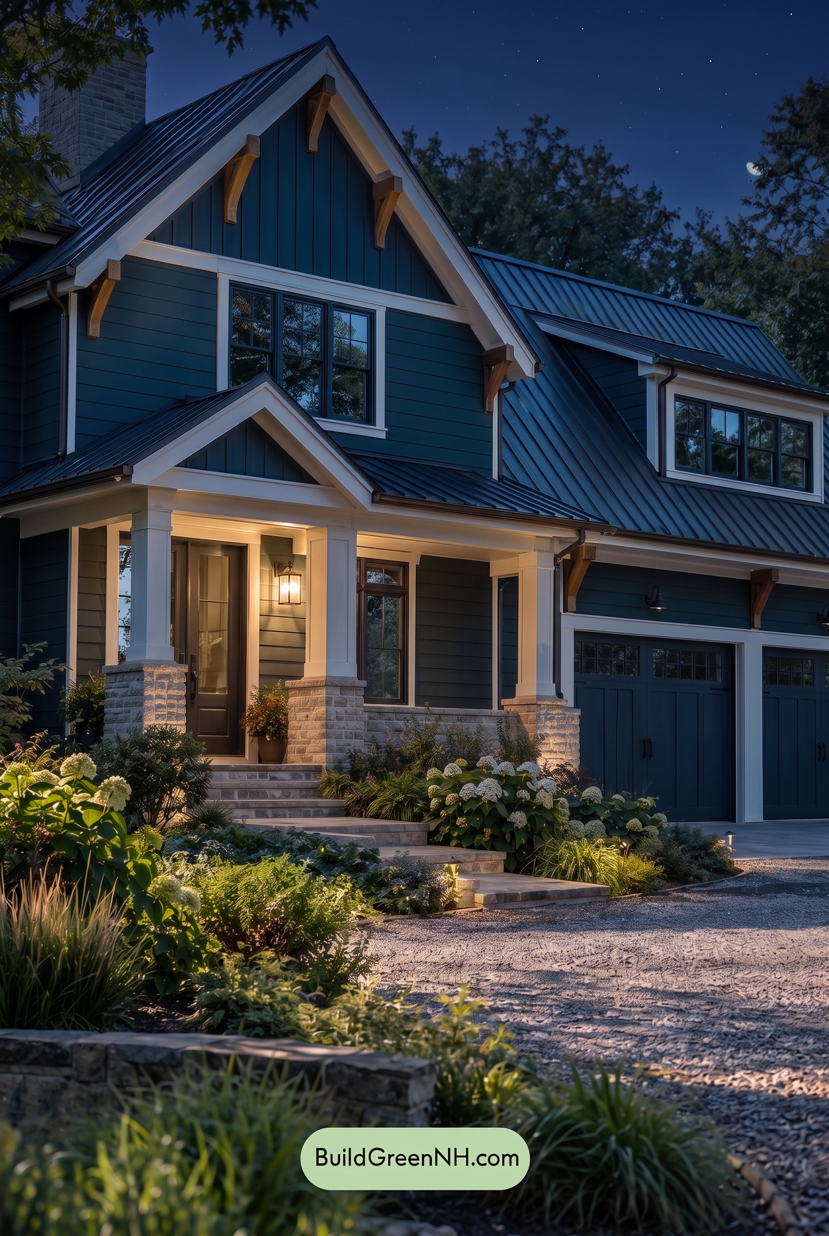 Dark Teal House Exterior Color Scheme: Harbor Chalk Facade - Nighttime