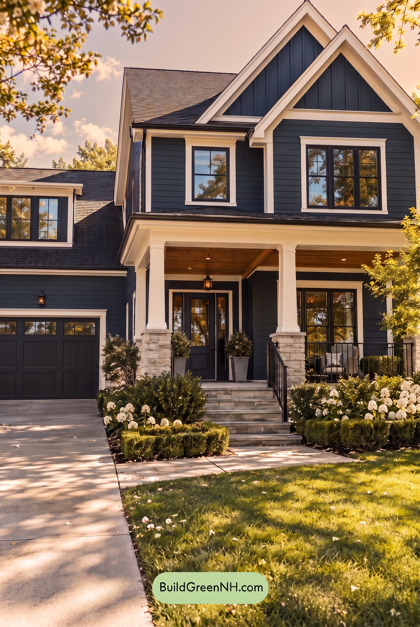 Dark Teal House Exterior Color Scheme: Ink Porcelain Gable - Golden Hour