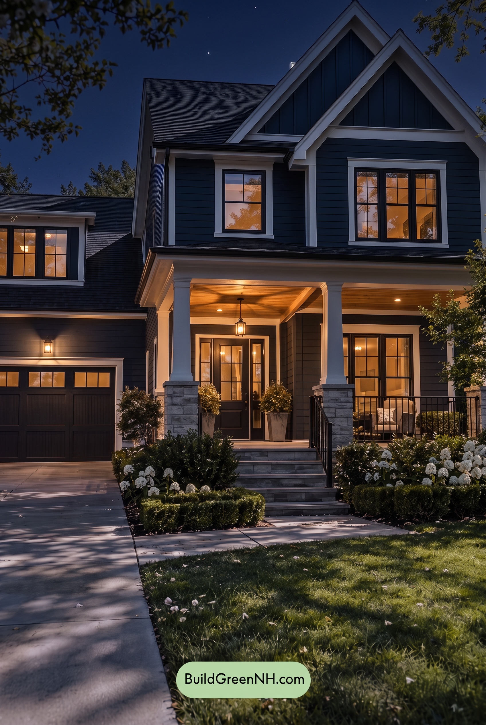 Dark Teal House Exterior Color Scheme: Ink Porcelain Gable - Nighttime