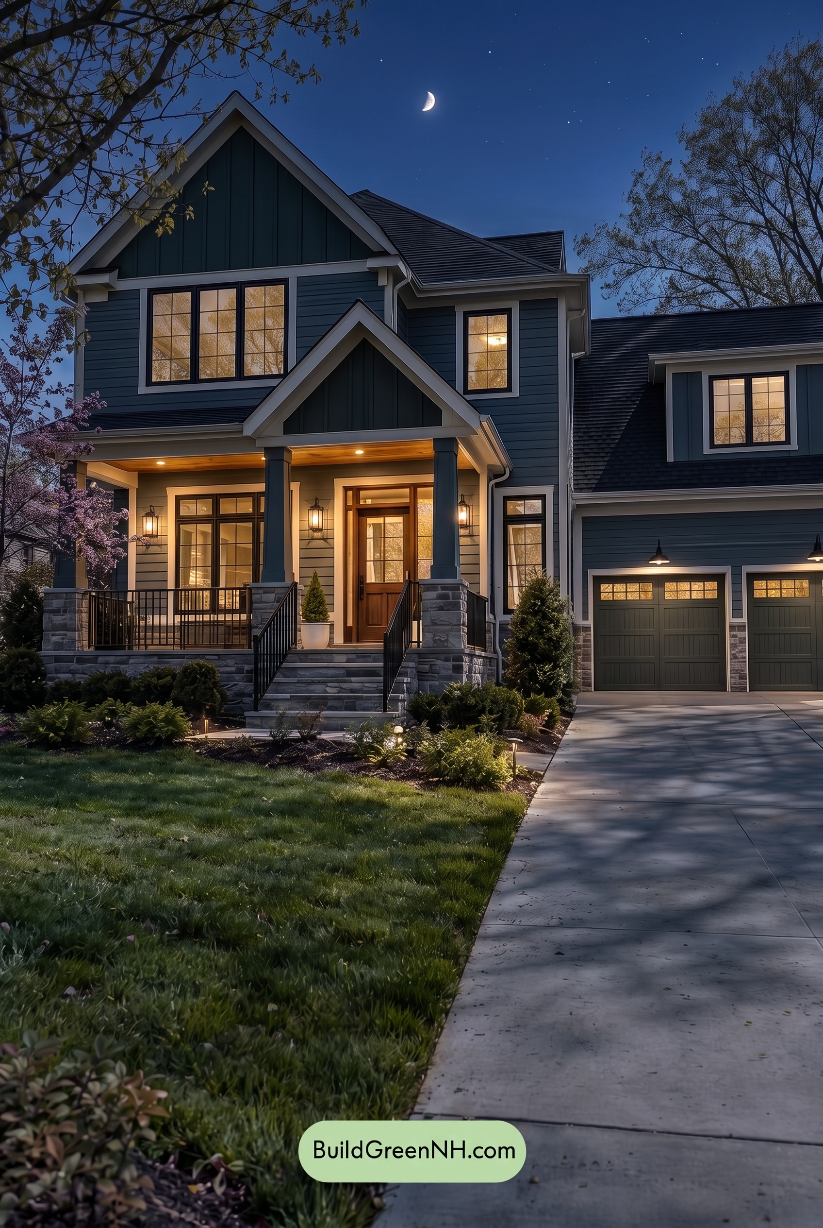 Dark Teal House Exterior Color Scheme: Juniper Slate Reverie - Nighttime