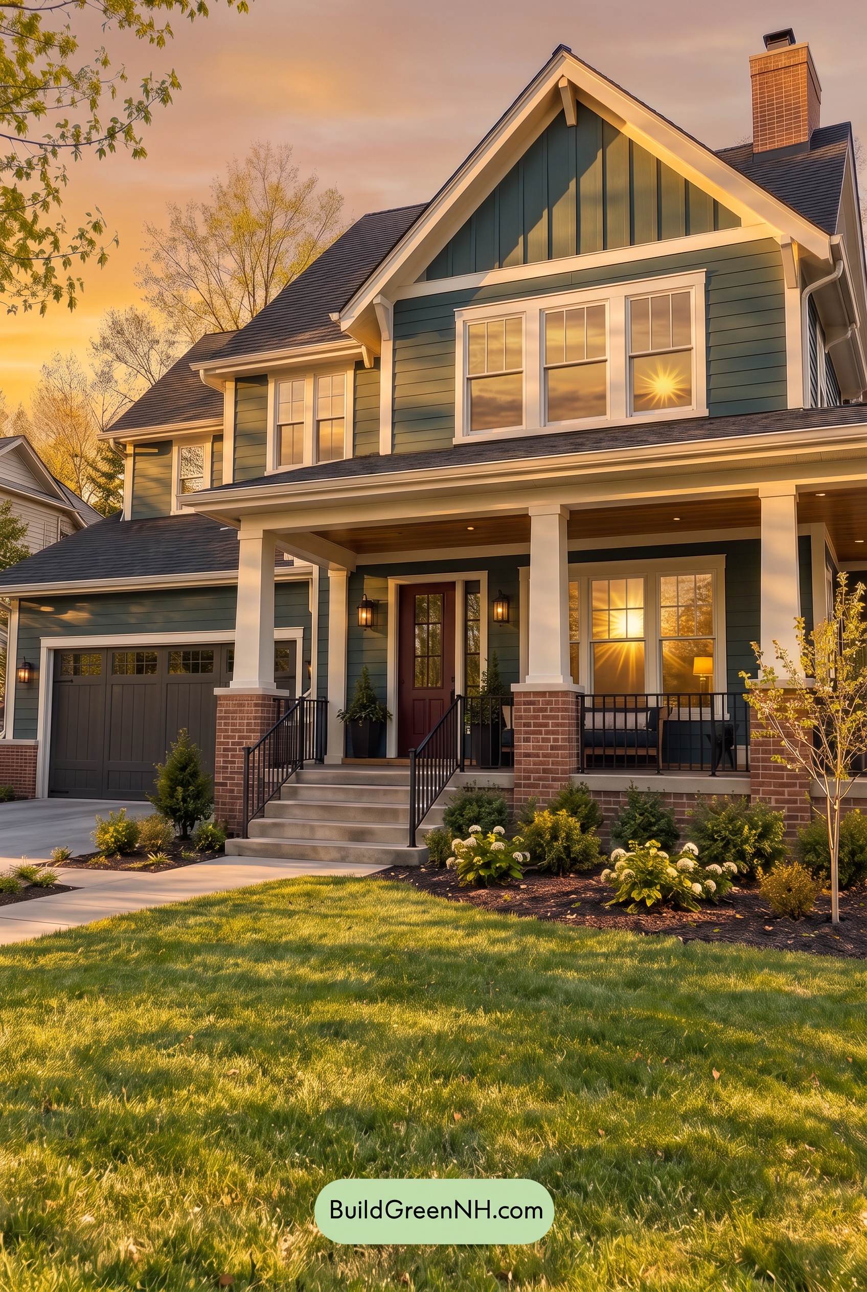 Dark Teal House Exterior Color Scheme: Meridian Cream Gable - Golden Hour