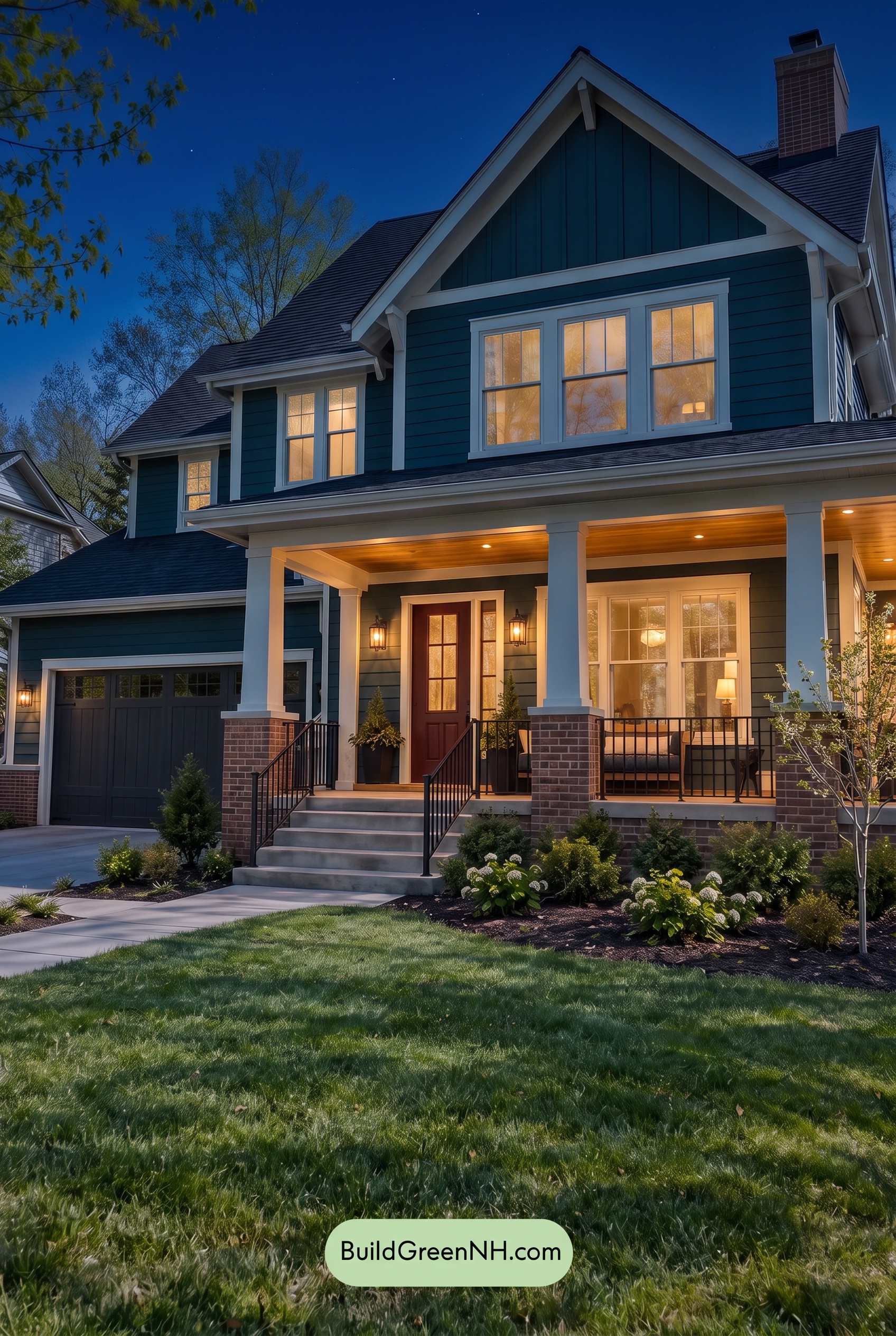 Dark Teal House Exterior Color Scheme: Meridian Cream Gable - Nighttime