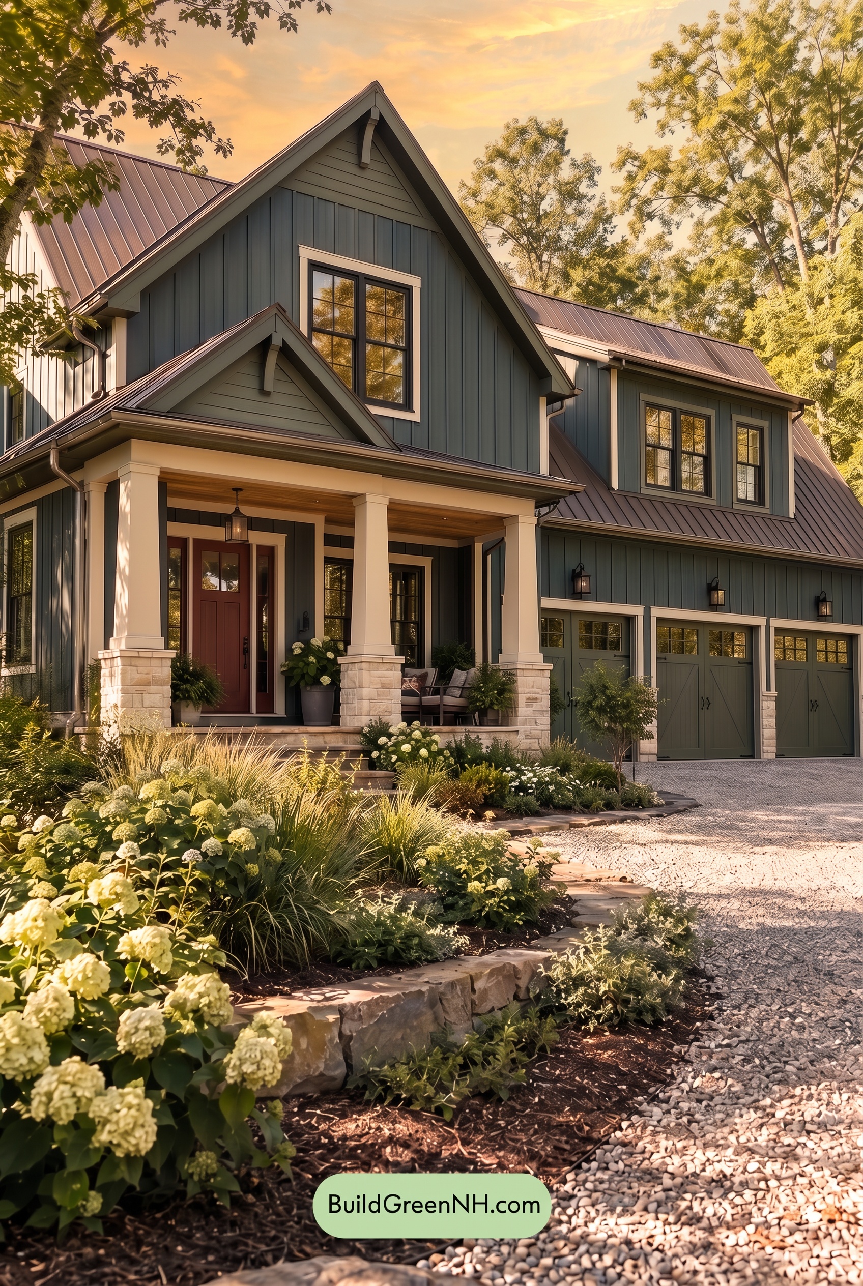 Dark Teal House Exterior Color Scheme: Moss Pearl Gable - Golden Hour