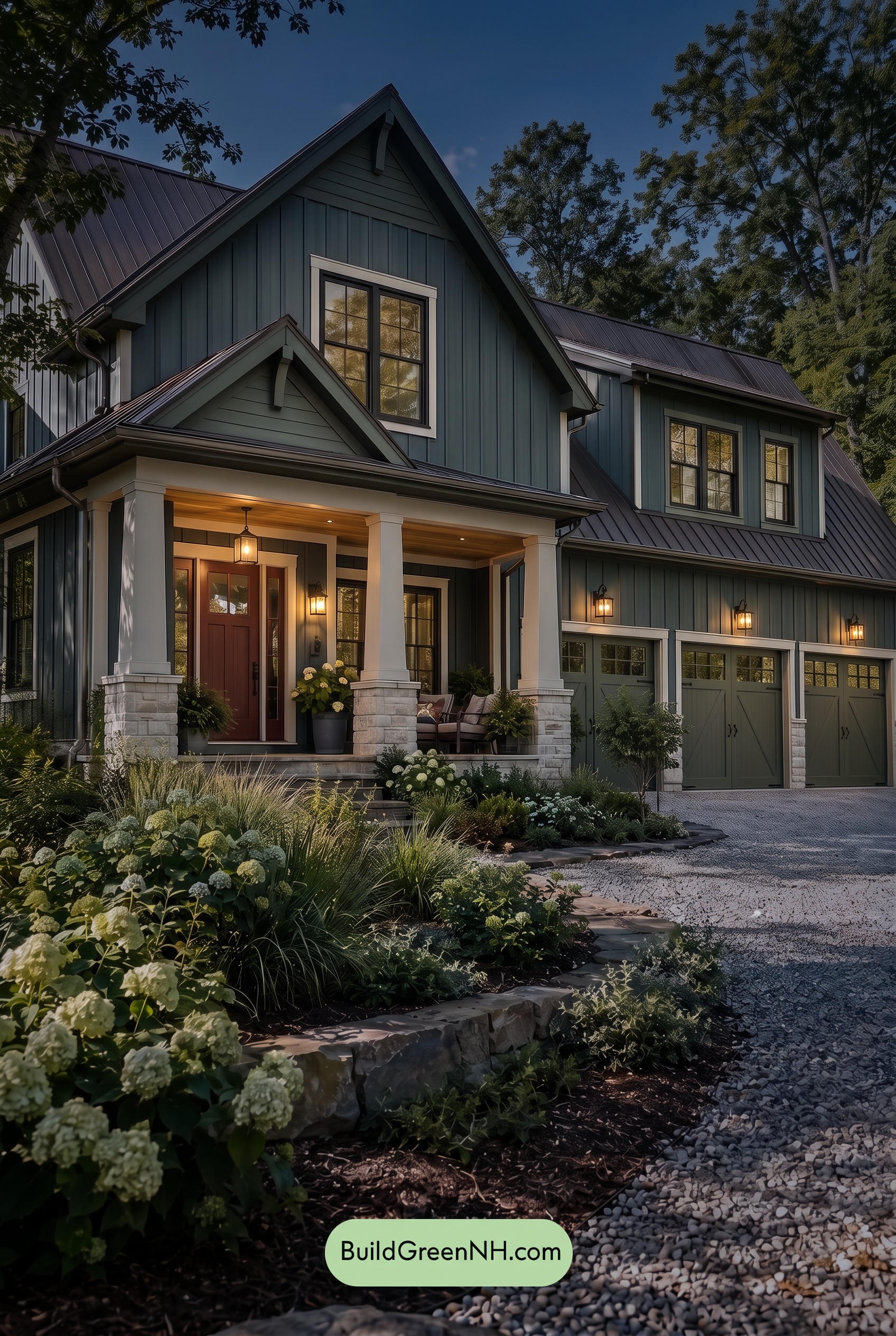 Dark Teal House Exterior Color Scheme: Moss Pearl Gable - Nighttime
